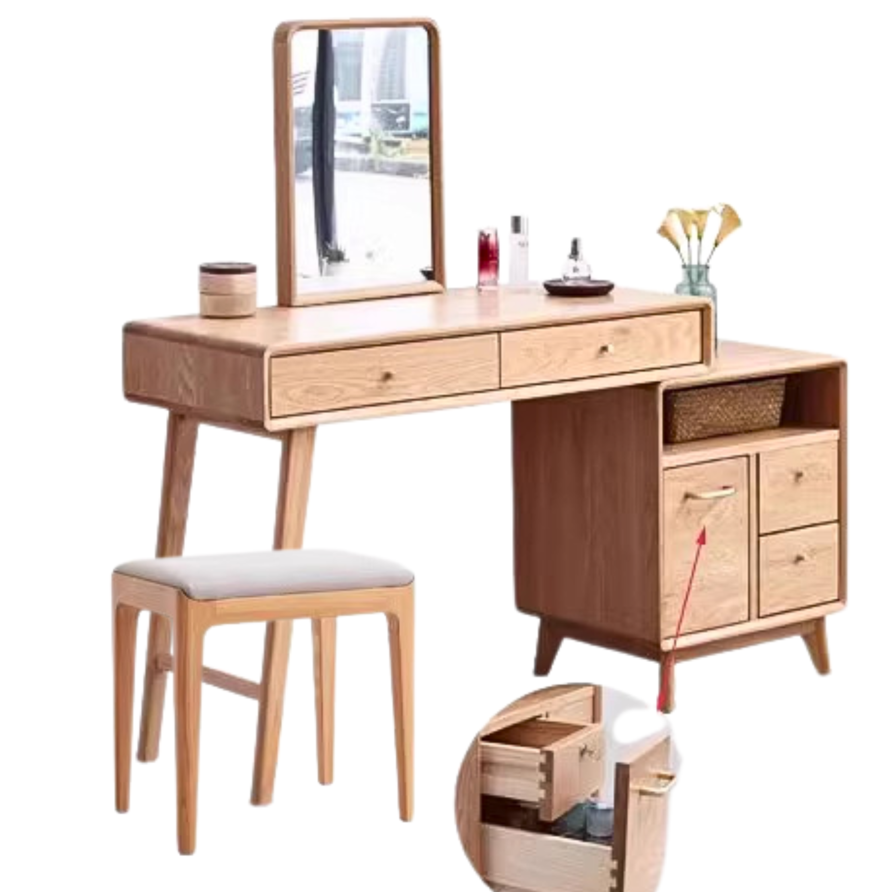 39.4-57.1x15.7x29.5 inch/ 100-145x40x75сm/ Natural Wood Color/ makeup table cabinet with lock + makeup mirror + makeup stool fog gray