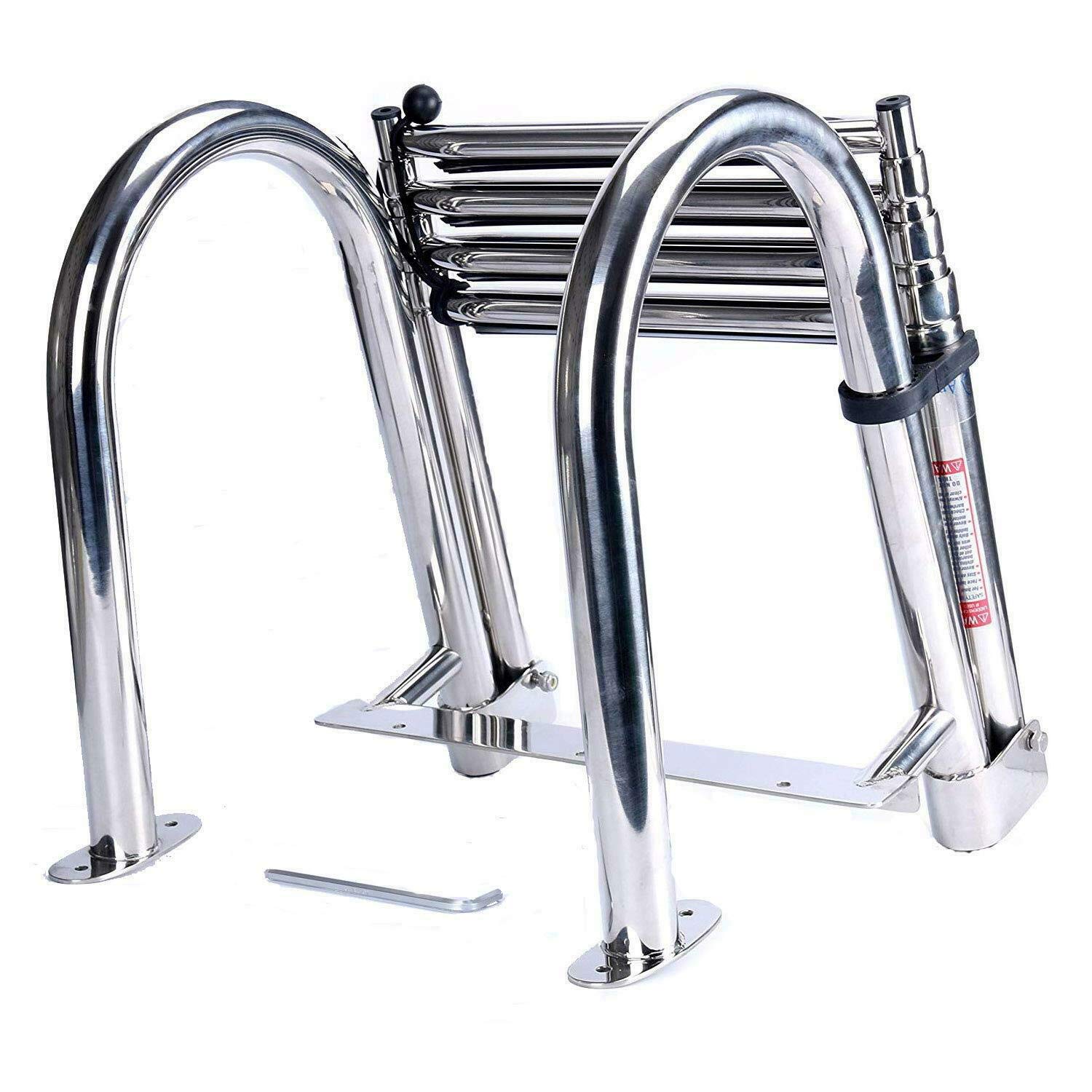 **Amarine Made 4-Step Folding Stainless Steel Pontoon Boat Ladder – Telescoping Dock Ladder with Wide Steps, Pedal Hand Rail & Retaining Strap (400lb Capacity) – Perfect for Swimming, Boarding & Water Sports**