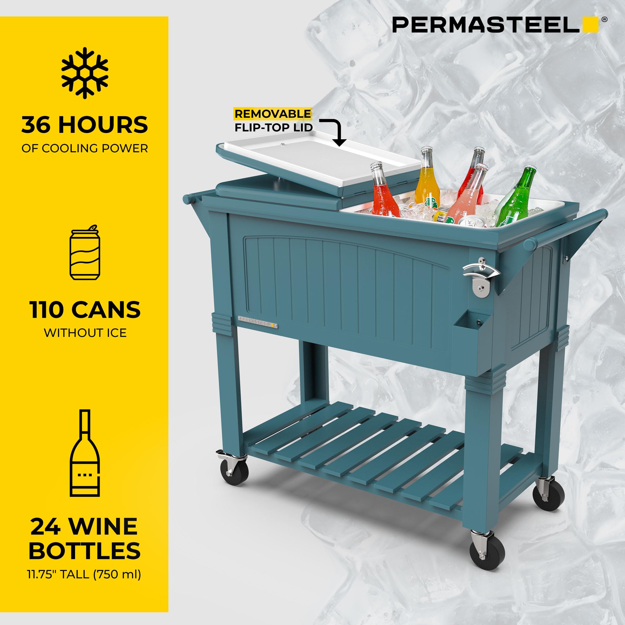 **Permasteel 80-QT Vintage Outdoor Cooler with Wheels & Handles | Teak Wood Accent, Teal Blue-Green | Perfect for Patio, BBQ, Tailgating & Pool Parties**