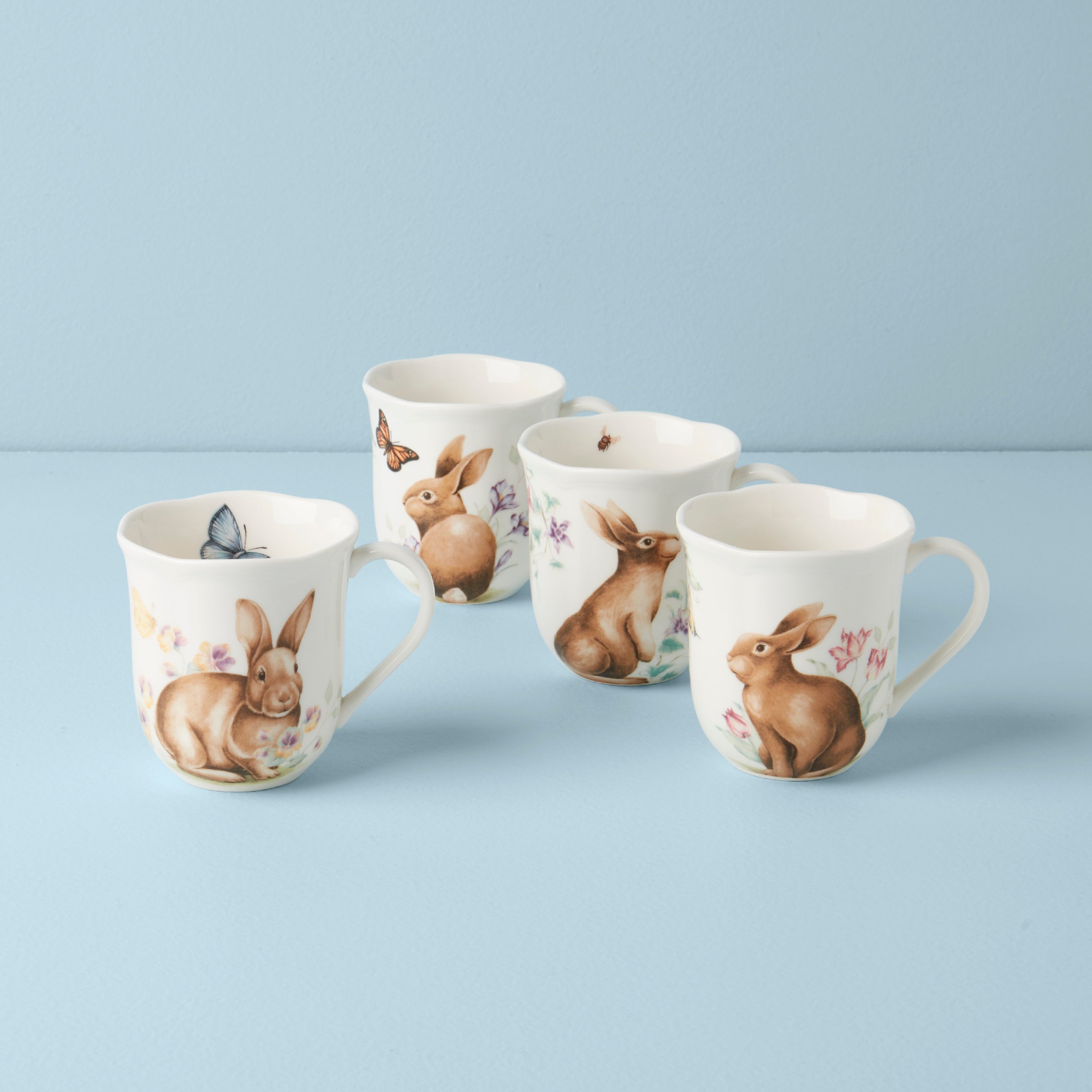 Butterfly Meadow Bunny Coffee Mugs Set of 4 - Cute Ceramic Tea Cups for Home, Office & Gift Giving - Perfect for Morning Coffee, Afternoon Tea & Cozy Moments