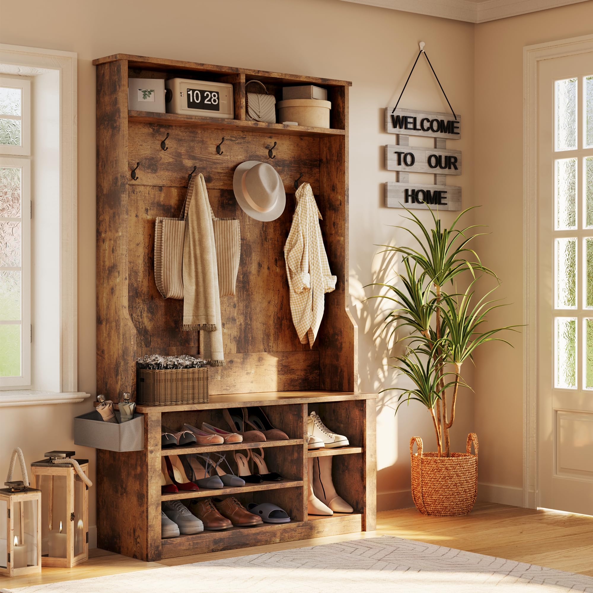 Aiho 3-in-1 Entryway Hall Tree with Bench, Coat Rack & Adjustable Shoe Storage | 2-Tier Top Shelf | Rustic Brown | Perfect for Hallway, Foyer, Bedroom & Small Space Organization