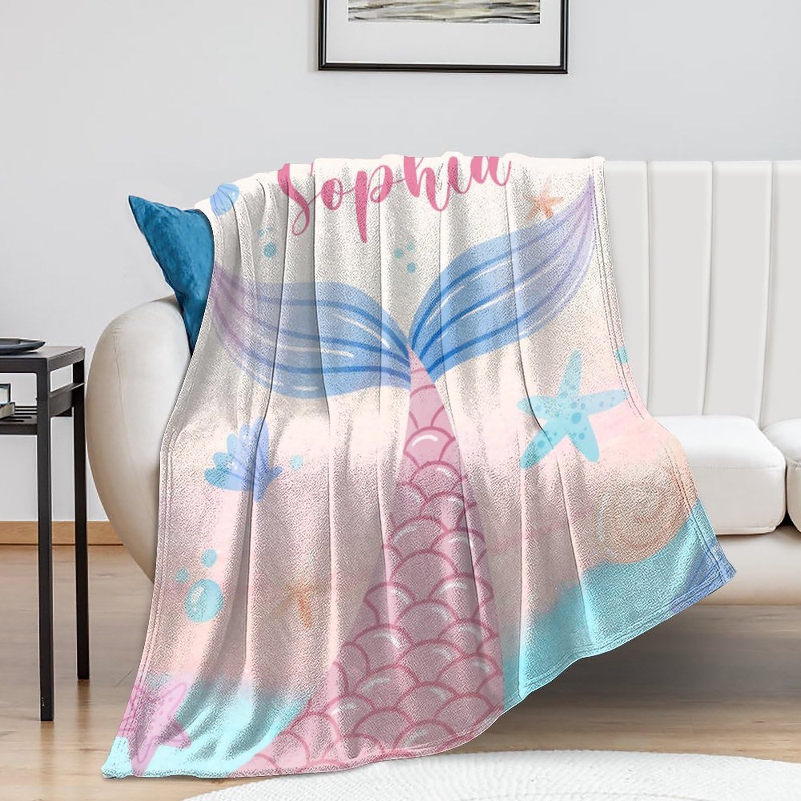 Custom Name Mermaid Tail Blanket for Girls - Personalized Fleece Swaddle & Throw Blanket for Kids, Newborns, Toddlers - 60