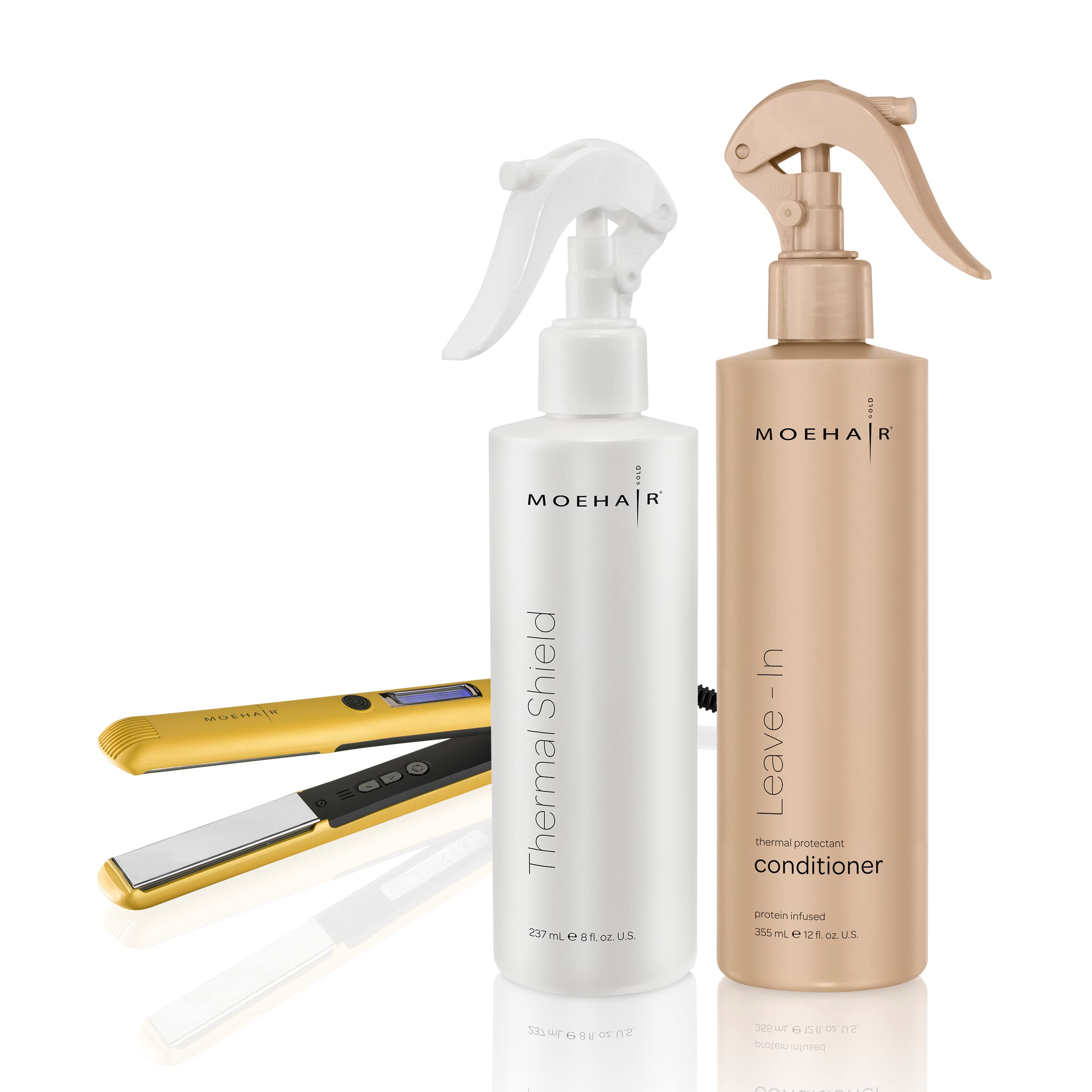 Moehair TRIO Hair Straightener Kit with Thermal Shield Spray (8 Fl Oz) & Leave-In Conditioner (12 Fl Oz) - Professional Flat Iron for Smooth, Shiny Hair at Home or Salon