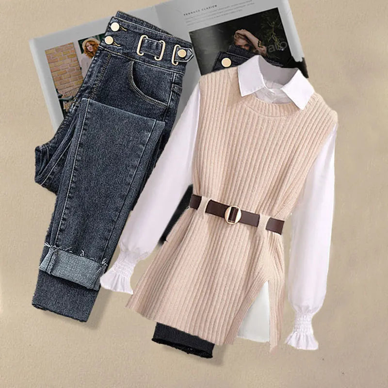 Korean Style Autumn Women's 3-Piece Outfit - Chiffon Shirt, Knitted Sweater & Jeans Set, Elegant Tracksuit for Casual Wear | Office, Dating & Fall Fashion
