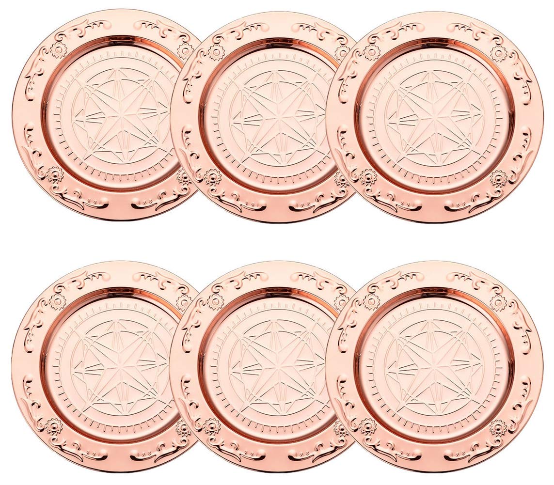 Oncefirst 6-Piece Round Stainless Steel Charger Plates Set - 11.8 Inch Rose Gold Sunflower Star Design for Weddings, Holidays & Special Events - Elegant Dining Room Decor & Table Setting Accessories (Perfect for Formal Dinners, Buffets & Party Decorations)