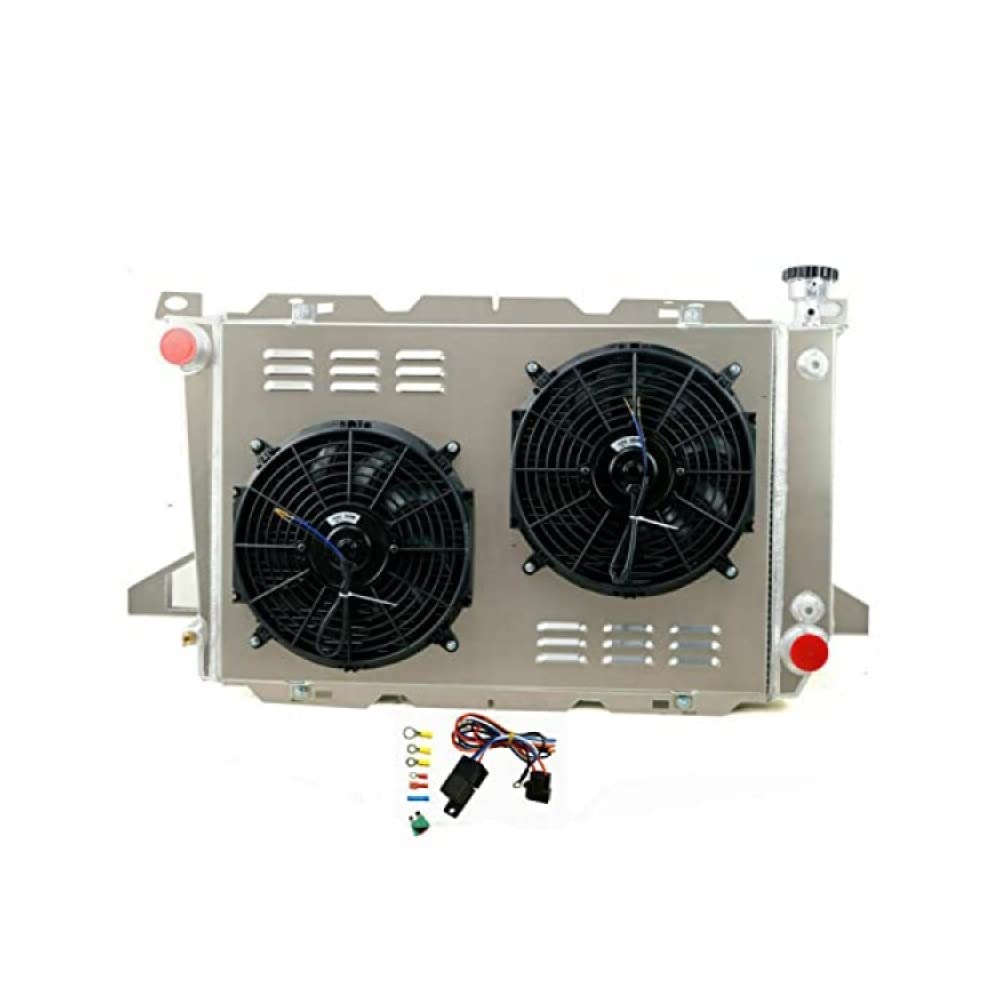 ALLOYWORKS 4 Row Aluminum Radiator with Shroud Fan & Relay Kit for 1985-1996 Ford Bronco F150 F250 F350 4.9L - Heavy Duty Cooling Upgrade for Off-Road & Towing