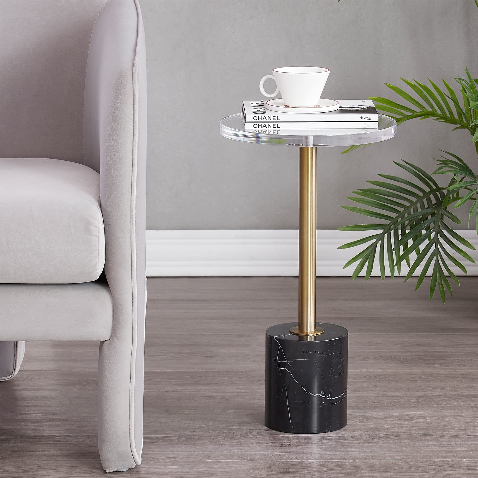 LIKENOW Clear Acrylic Side Table with Marble Base & Gold Post - Modern Round End Table for Living Room, Bedroom, Office | Small Nightstand for Drinks, Snacks, Books | Easy Assembly (Black) - Perfect for Coffee Tables, Guest Rooms & Small Spaces