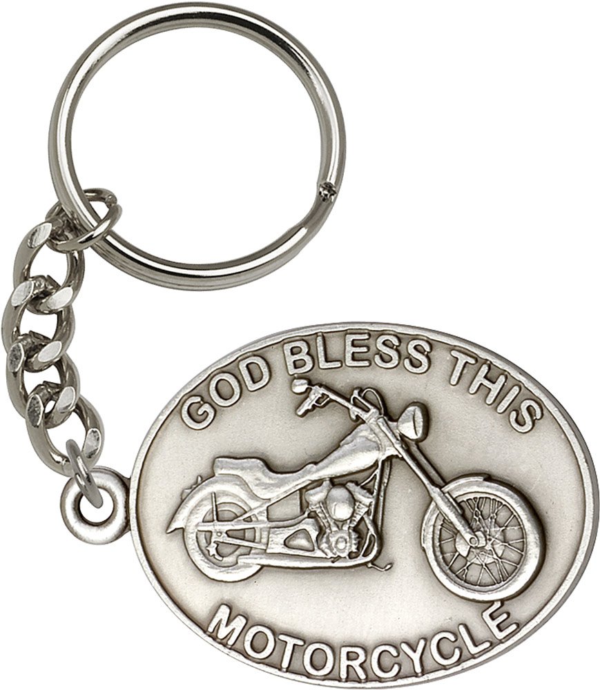 Antique Silver-Plated Motorcycle Keychain - 'God Bless This Bike' Engraved Biker Gift (1.5 x 2.25 Inches) - Perfect for Motorcycle Enthusiasts, Biker Gifts & Harley Davidson Accessories