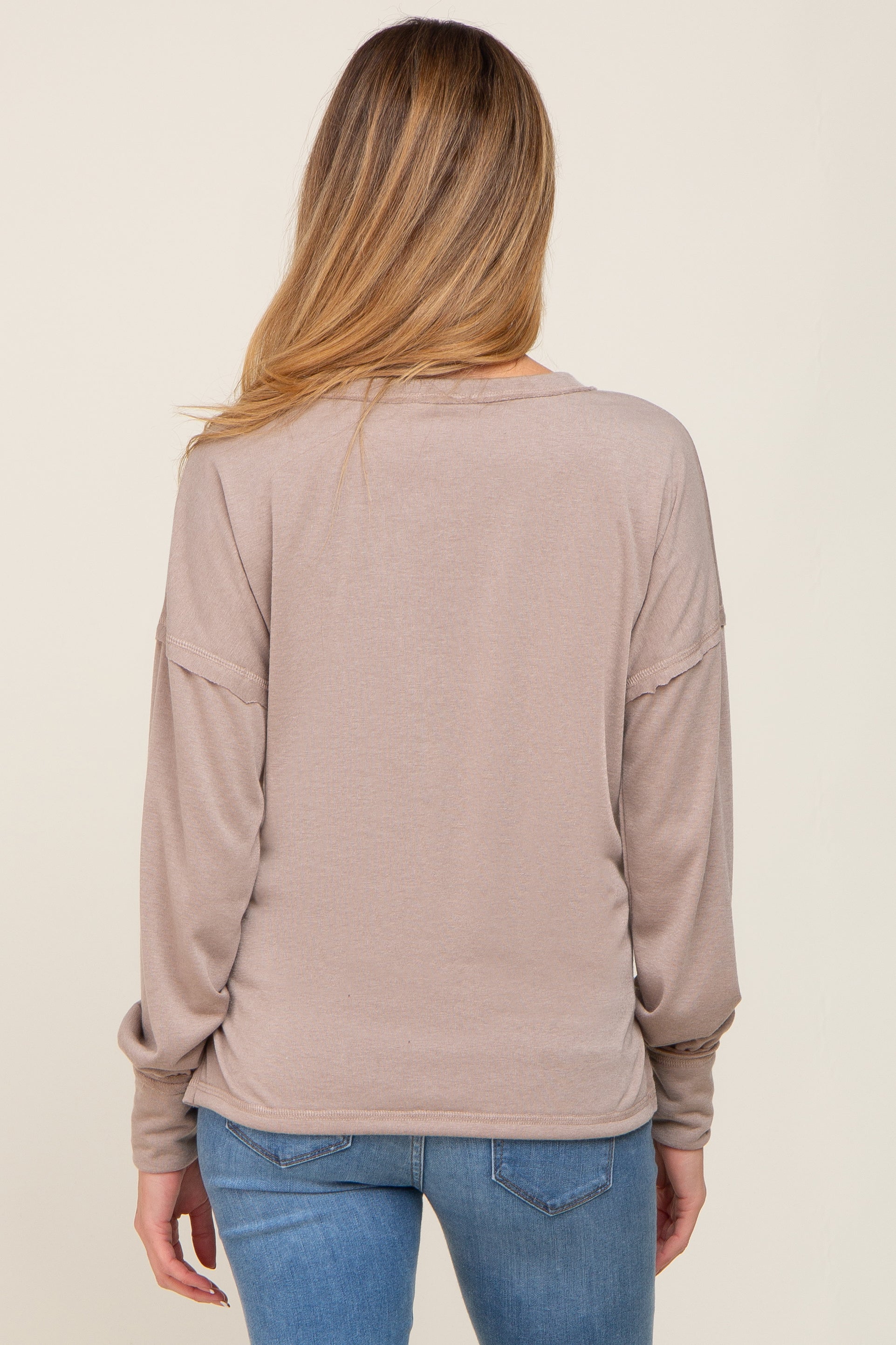 Beige Button Front Terry Long Sleeve Maternity Top - Soft & Comfortable Pregnancy Shirt for Women | Perfect for Casual Wear, Nursing & Maternity Photos