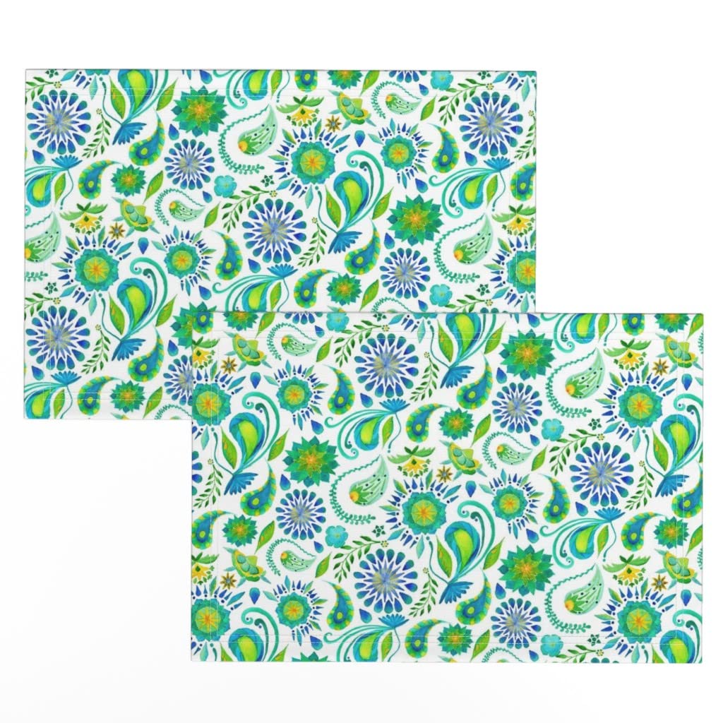 Premium Linen Cotton Canvas Placemats Set of 2 - Persian Decor Floral Paisley Print in Green Blue Yellow - Elegant Dining Table Decor for Home, Kitchen, and Party Settings