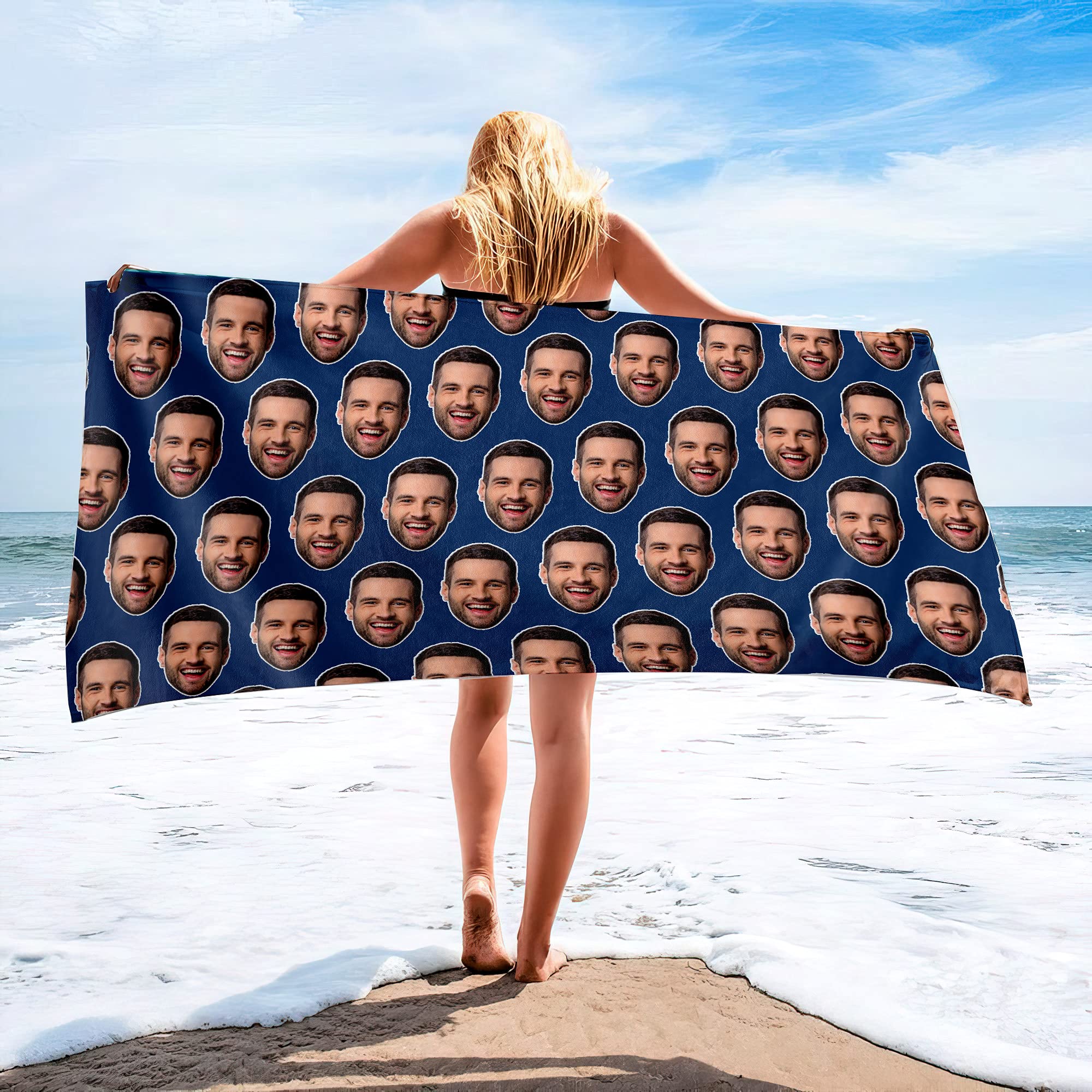 Custom Personalized Beach Towels for Adults with Names & Photos - Monogrammed Navy Blue Selfie Photo Beach Towel - Perfect for Beach Vacations, Pool Parties & Summer Gifts