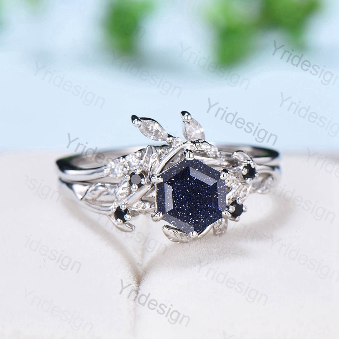 2Pcs Vintage Blue Sandstone Wedding Ring Set - Elegant Leaf Galaxy Engagement Ring for Women, Crystal Promise Ring, Unique Bridal Jewelry Set - Perfect for Anniversaries, Proposals & Romantic Gifts