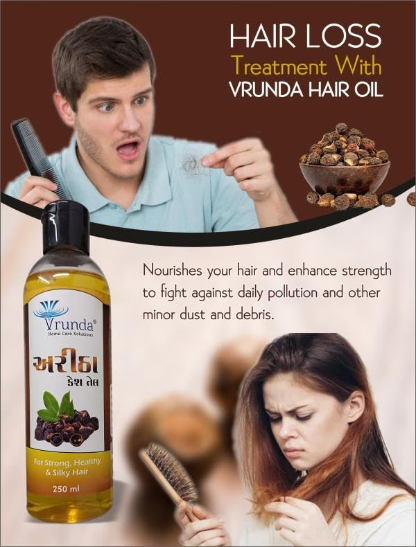 Vrunda Ayurvedic Aritha Hair Oil - 250ml Natural Hair Treatment for Damaged Hair, Men & Women - Promotes Hair Growth & Repair - Perfect for Daily Hair Care & Scalp Nourishment