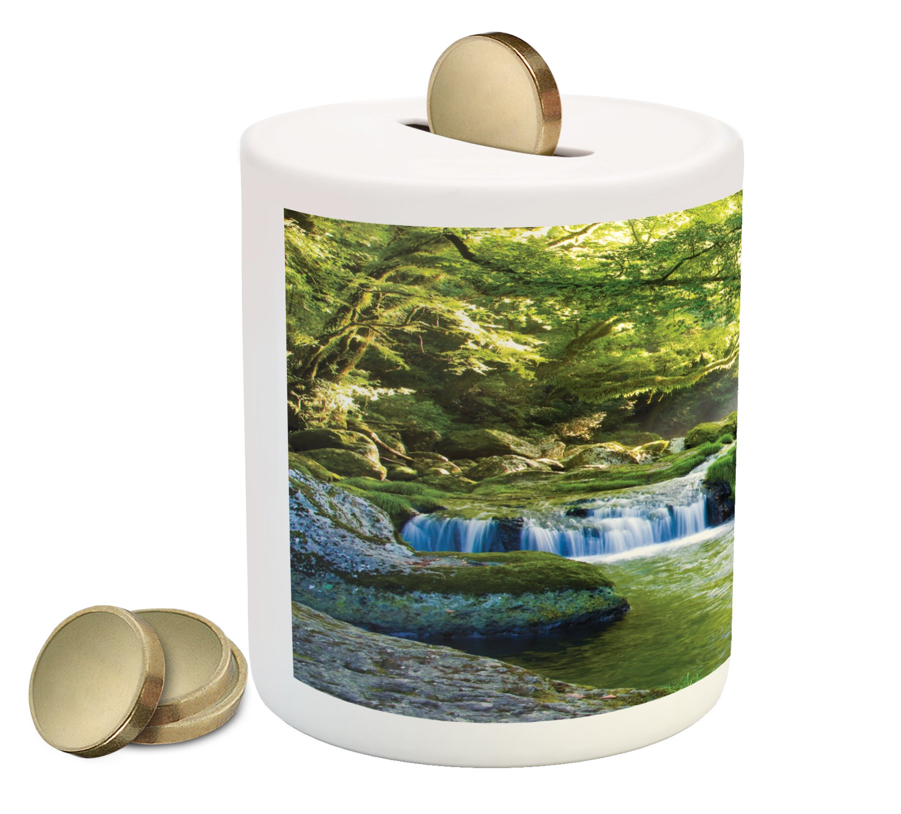 Ambesonne Ceramic Rainforest Piggy Bank - Jungle Foliage & Misty Mountains Design with Sunbeams, Green Yellow Blue Money Box for Cash Savings | Perfect Gift for Kids, Home Decor, and Eco-Friendly Savings