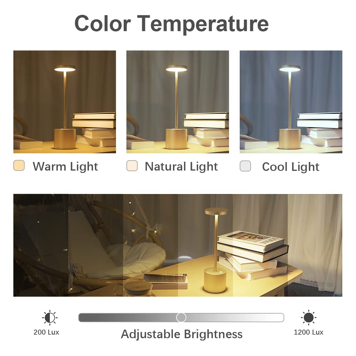 Hapfish Cordless LED Table Lamp Set of 2 - 5000mAh Rechargeable Battery Operated Desk Lamps, Dimmable Table Light for Home Office, Restaurant, Dining Room & Outdoor Use (Gold) | Perfect for Reading, Working & Ambient Lighting