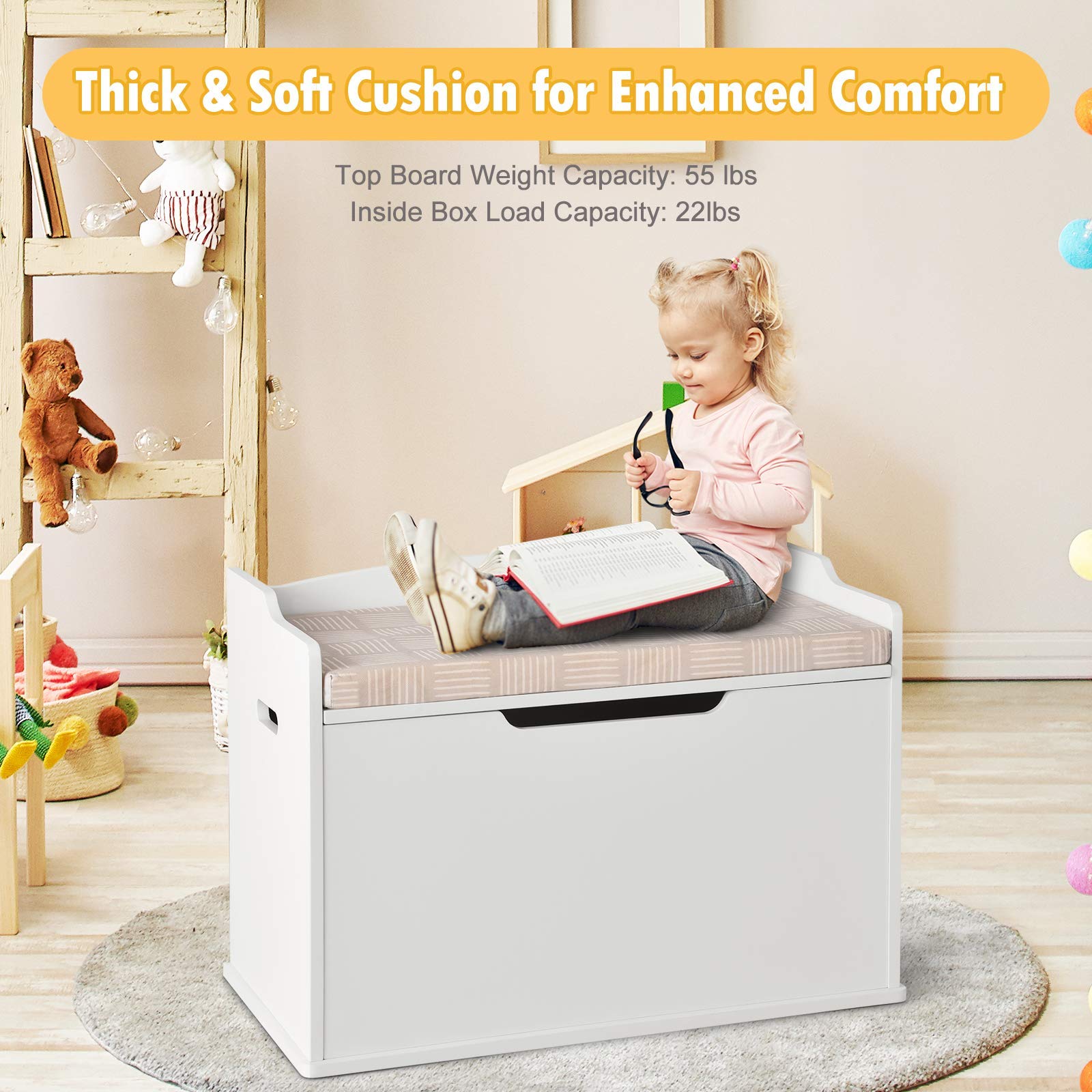 Costzon 2-in-1 Wooden Toy Storage Chest with Safety Cushioned Seat - Finger-Pinch Prevention Kids Toy Organizer & Lift-Top Bench for Nursery, Playroom, Bedroom or Living Room - White (Perfect for Toy Storage, Kids Room Decor & Extra Seating)
