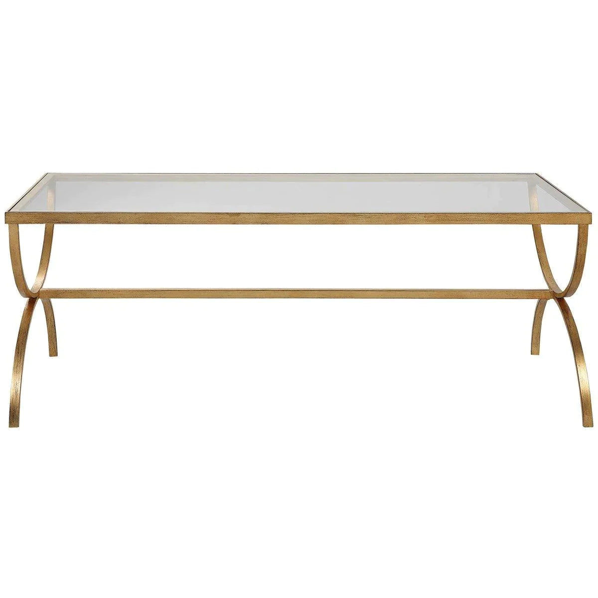 Antiqued Gold Forged Iron Coffee Table with Tempered Glass Top - Rustic Industrial Living Room Furniture for Home Decor & Entertaining