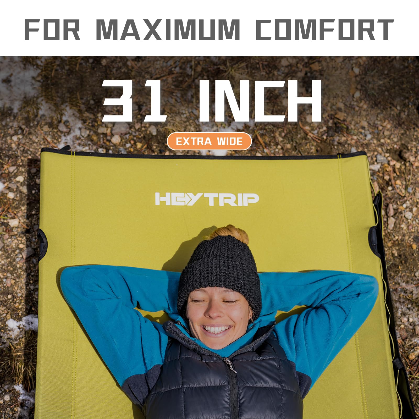 HEYTRIP Extra-Wide Folding Camping Cot - XXL Heavy Duty 350lb Capacity Portable Bed with Side Pocket & Carry Bag - Lightweight Quiet Sleeping Cot for Backpacking, Car Camping, Outdoor Adventures (Green)