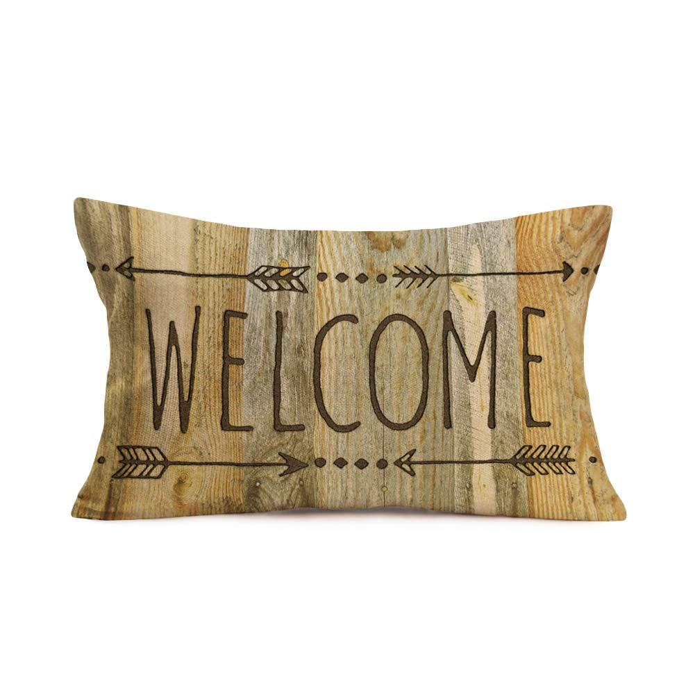 Xihomeli Welcome Quote Arrows Throw Pillow Covers 12x20 Inch - Cotton Linen Rectangle Lumbar Cushion Case for Sofa, Couch, Bedroom Decor (Wood Welcome Design) - Perfect for Living Room, Porch & Seasonal Home Decoration