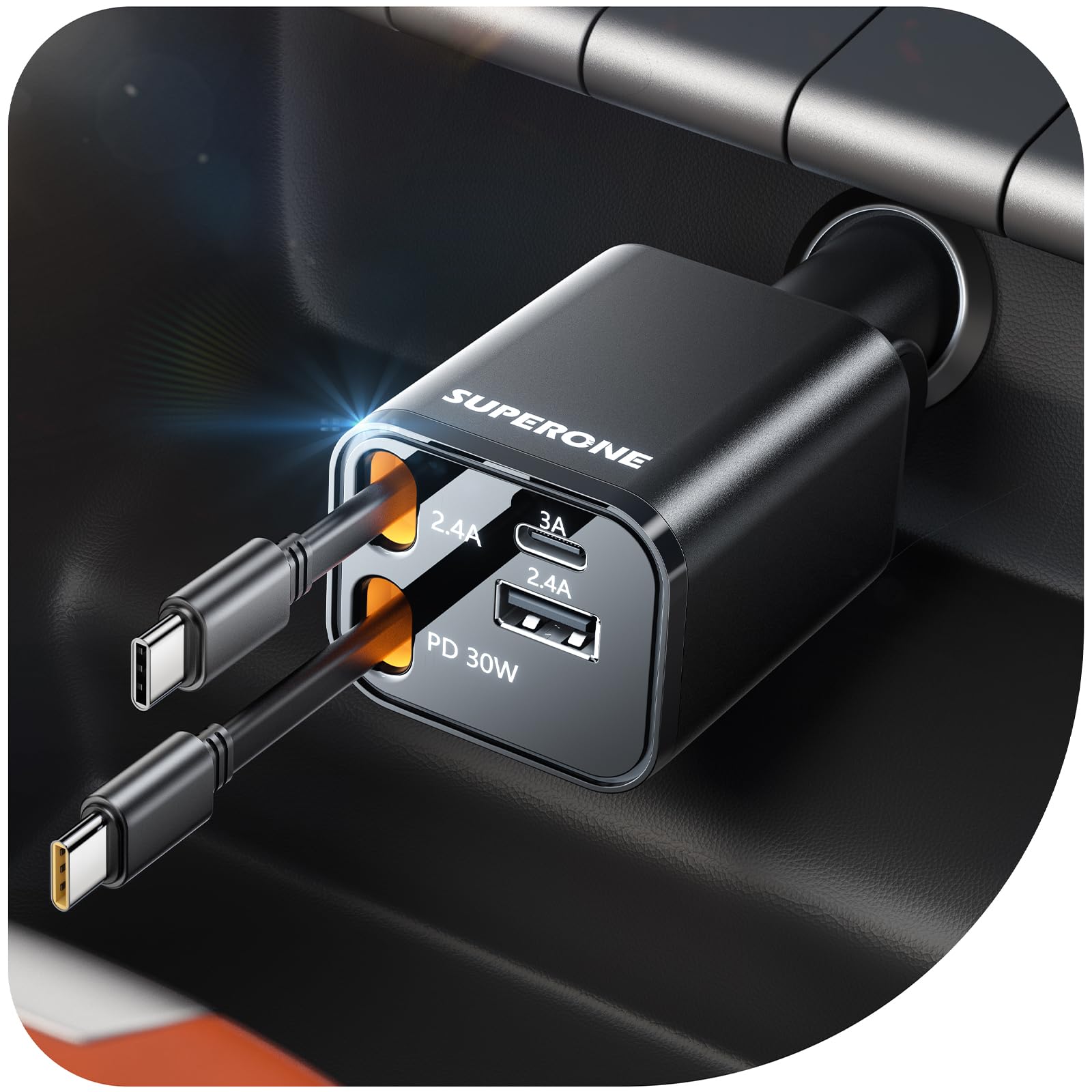 SUPERONE Retractable USB C Car Charger - Fast Charging Dual Type C Cable for iPhone 16/15/14/13/12 Series, iPad, Galaxy, Pixel - Compact Car Accessories for Road Trips & Daily Commutes