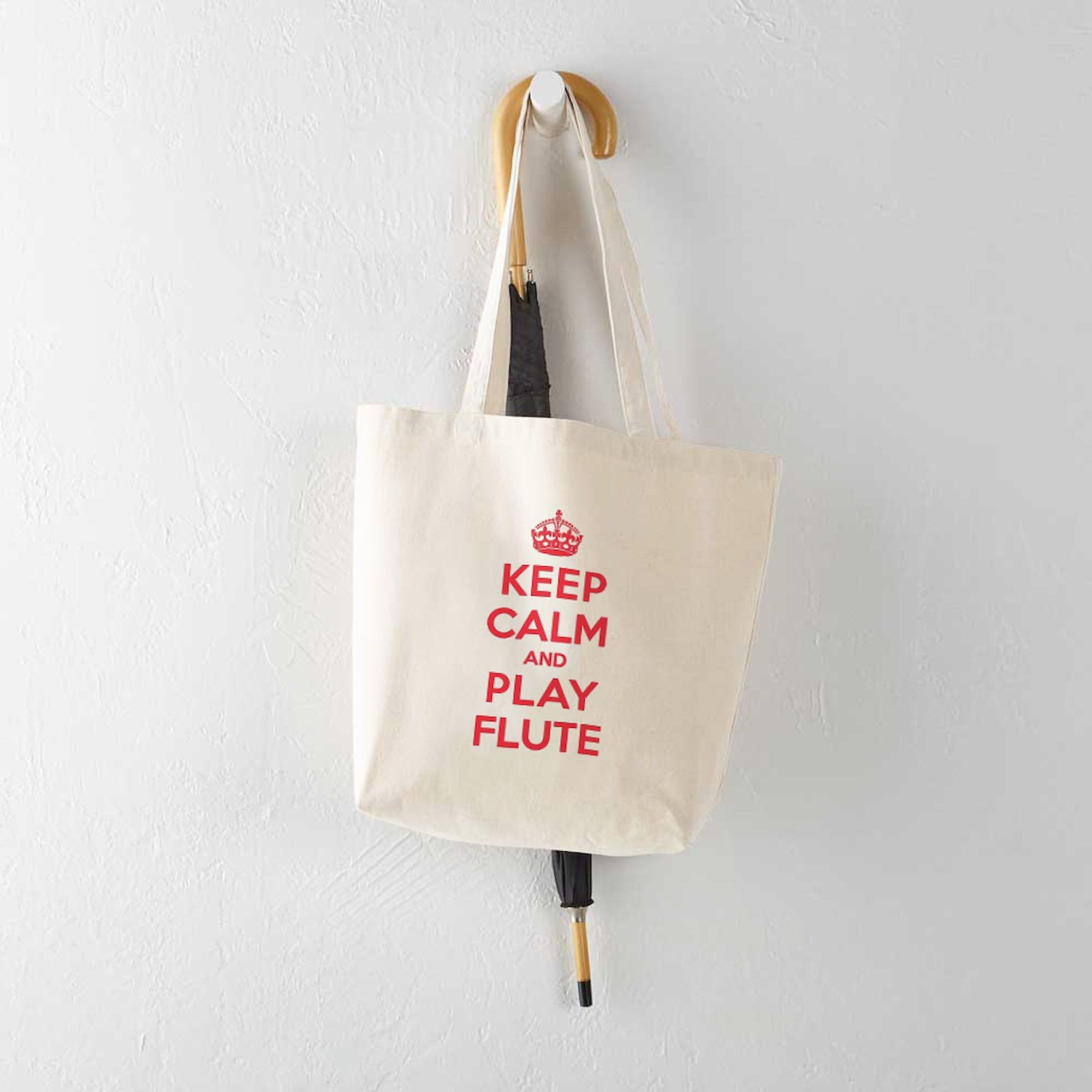 Keep Calm Play Flute Tote Bag - Natural Canvas Reusable Shopping Bag for Musicians, Music Lovers & Flute Players - Perfect for Groceries, Books & Music Accessories