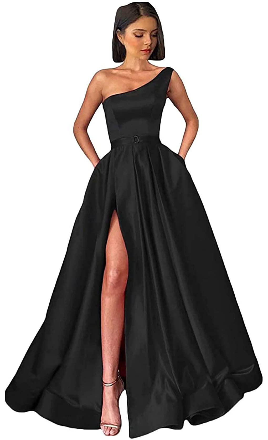 ANGELWARDROBE Women's Long One Shoulder Prom Dress - A-Line Satin Formal Evening Gown with Slit Pockets for Homecoming, Wedding Guest & Special Occasions