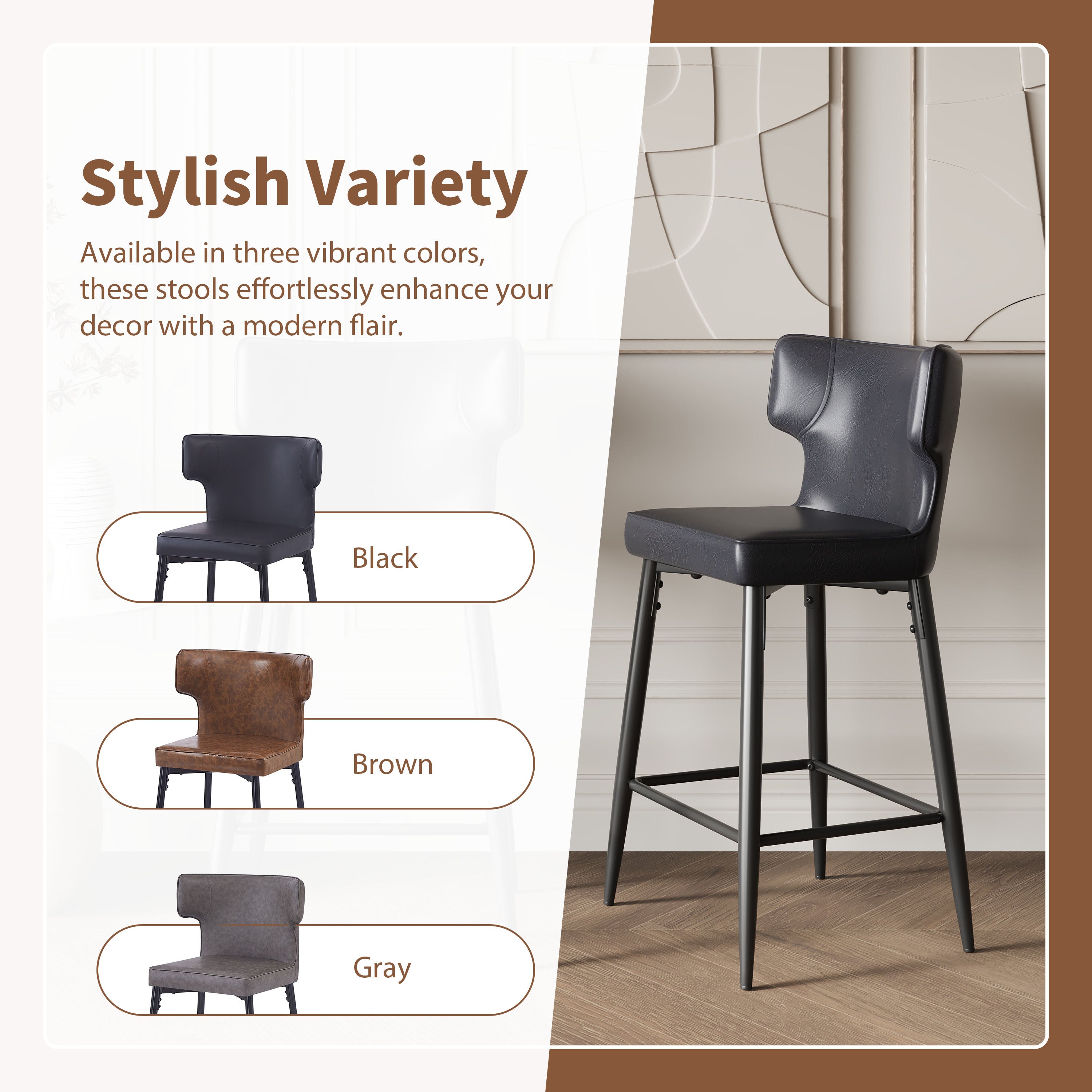 28 Inch Counter Height Bar Stools Set of 2 - Modern PU Leather Upholstered Bar Chairs with Metal Footrest & Sturdy Frame for Kitchen Island, Breakfast Bar, Dining Room - Black - Perfect for Entertaining, Small Spaces & Contemporary Home Decor