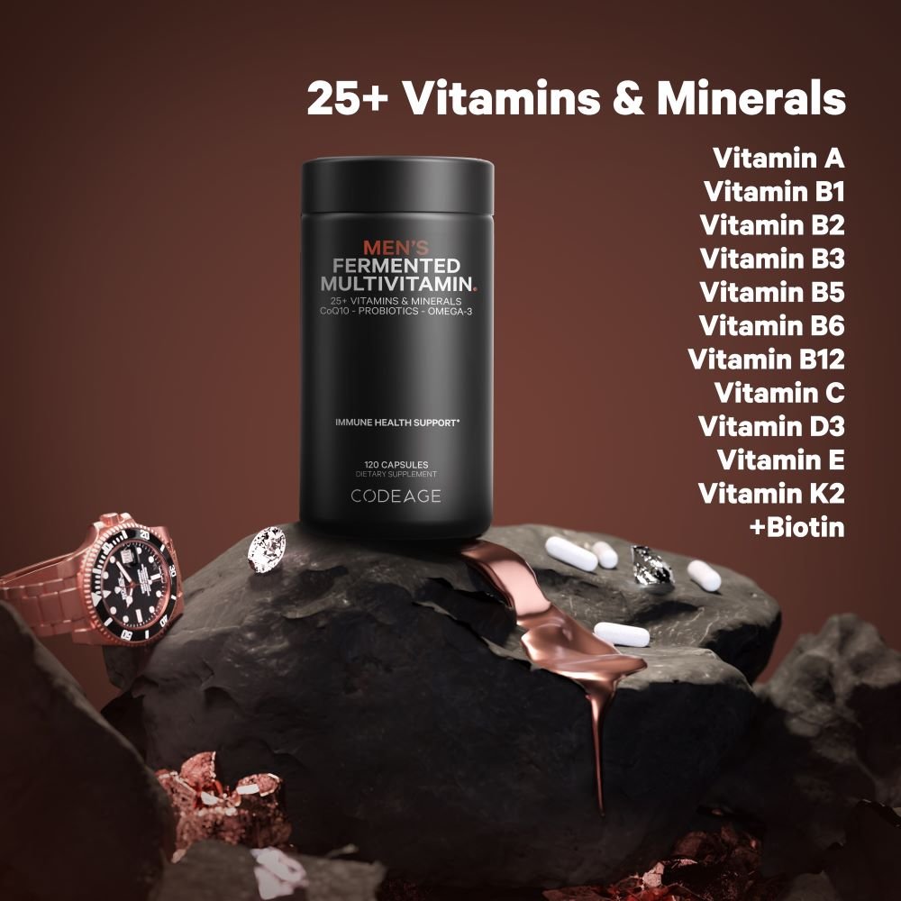 Codeage Fermented Multivitamin for Men - 25+ Essential Vitamins & Minerals Supplement for Immune Support, Energy & Overall Wellness | Daily Multivitamin for Active Men