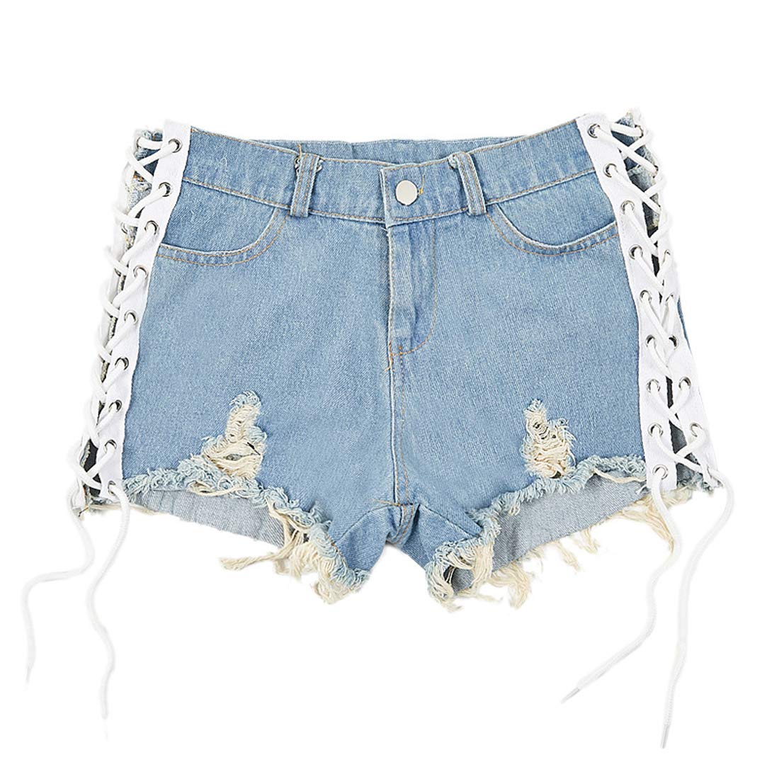 ebossy Women's Mid Rise Ripped Denim Shorts - Lace-Up Front & Frayed Hem Cutoffs - High Waist Jean Shorts for Summer, Beach, Casual Outfits & Street Style