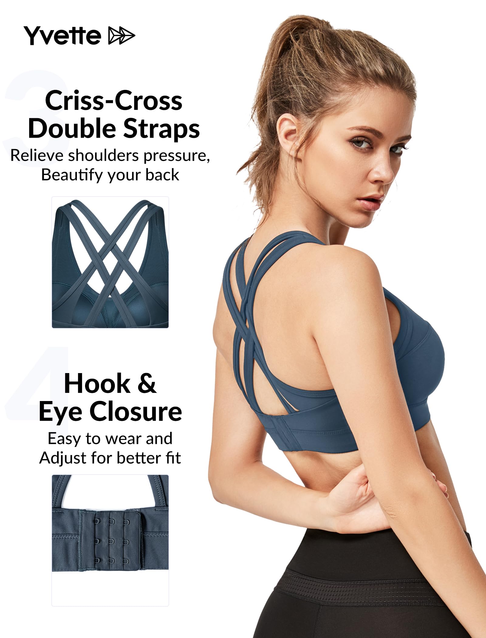 Yvette Women's High Impact Sports Bra - Criss Cross Back Supportive Running Bra for Plus Size - Perfect for Gym, Yoga & Intense Workouts