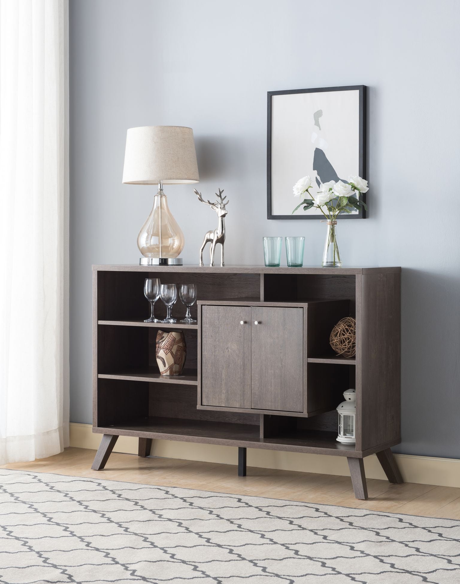 Premium Walnut Oak Buffet Server - Elegant Dining Room Furniture for Entertaining & Serving Guests