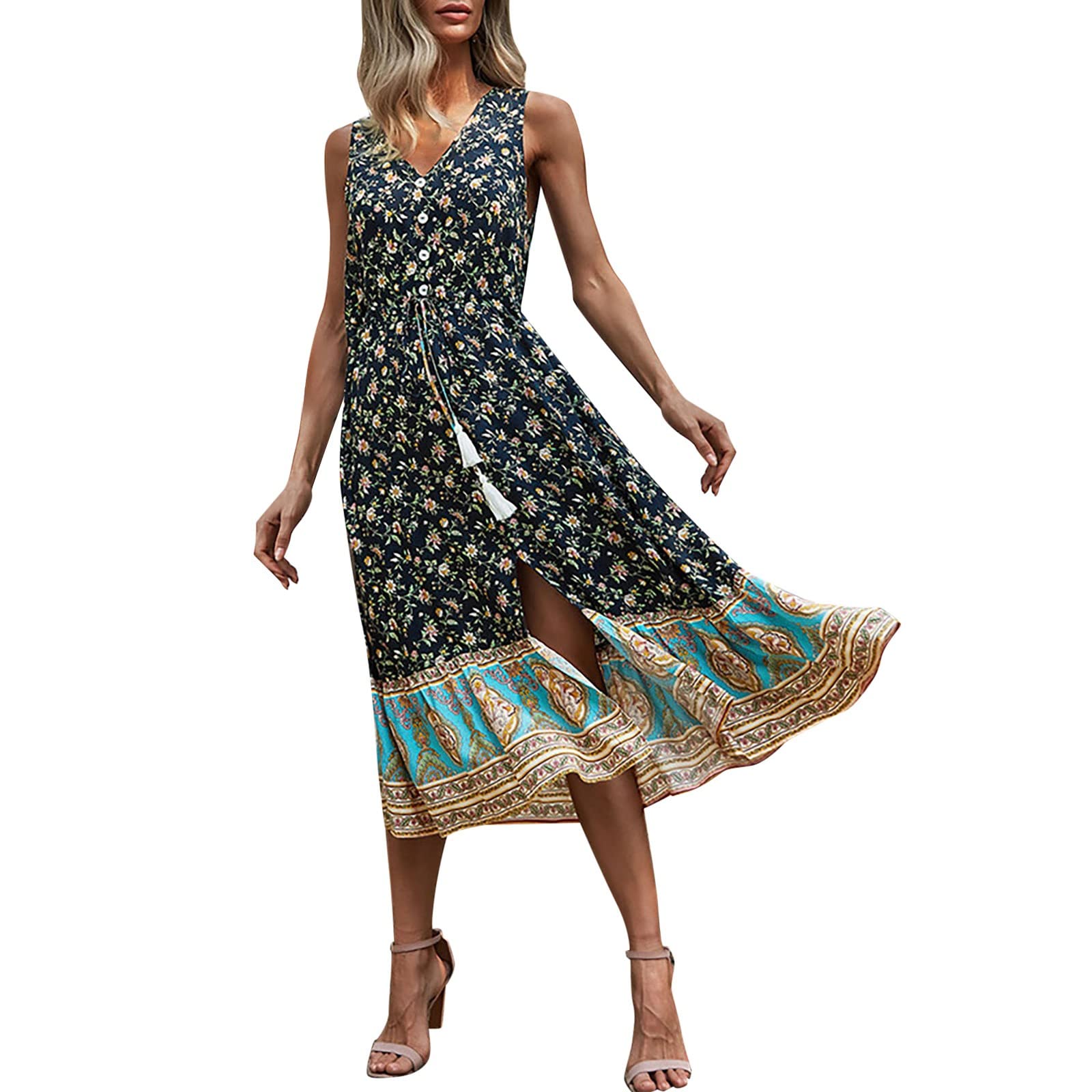 Kingsir Women's Floral Print Casual Vest Dress with Waist Tie - Elegant Resort Style Cotton Dress for Summer Vacation, Beach Outings & Date Nights