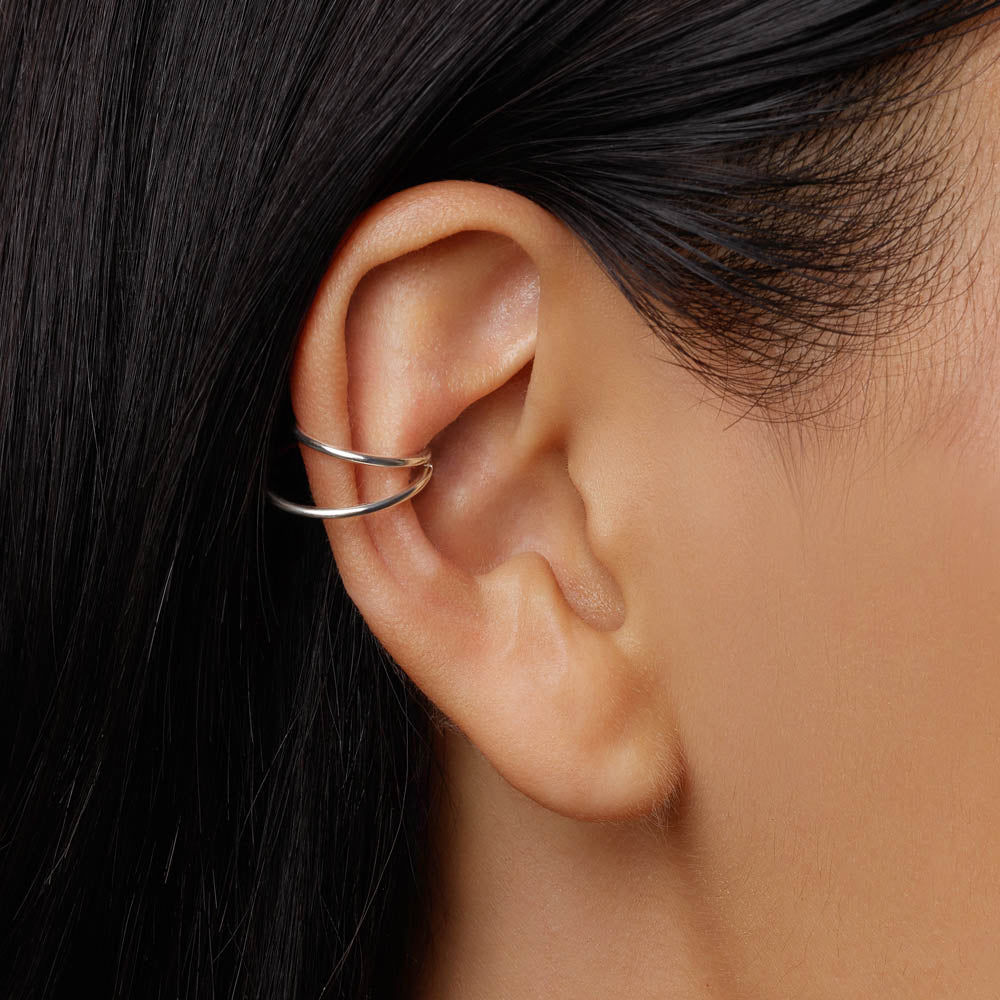 Silver Double Band Single Ear Cuff - Trendy Non-Pierced Ear Jewelry for Women - Perfect for Parties, Weddings & Everyday Wear
