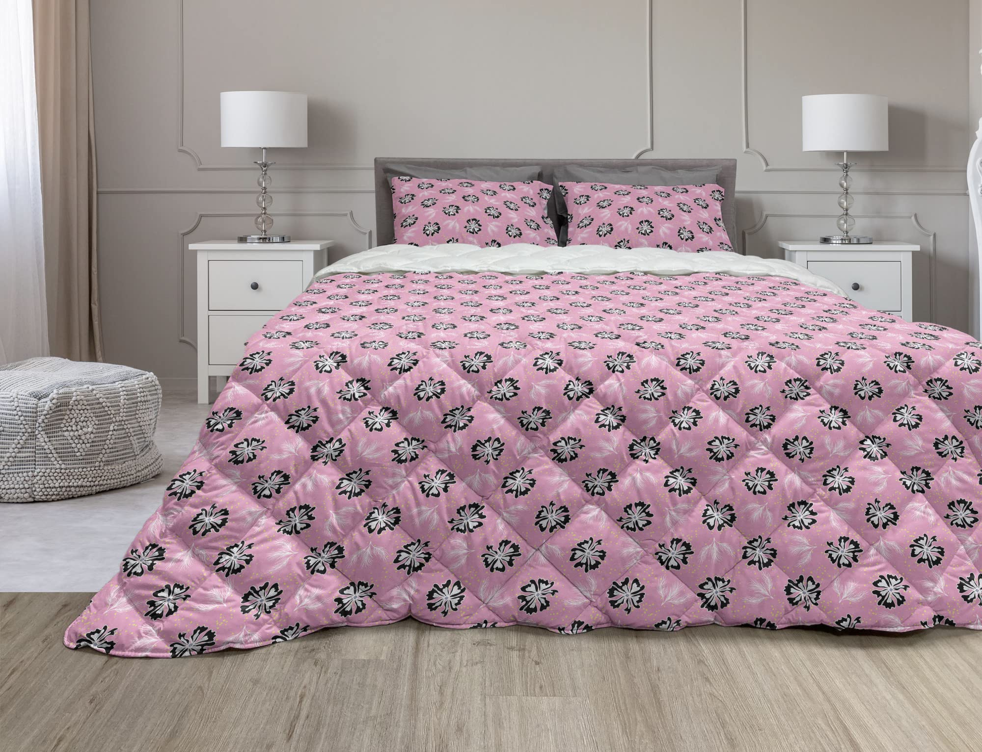 Ambesonne Botany Comforter & Sham Bedding Set - Shabby Chic Forest Blossom Floral Design, Microfiber Filling Quilt with Nature-Inspired Retro Pattern, Twin XL Size in Black & Pale Pink | Perfect for Bohemian Bedroom Decor, Guest Room Makeover, and Cozy Home Styling