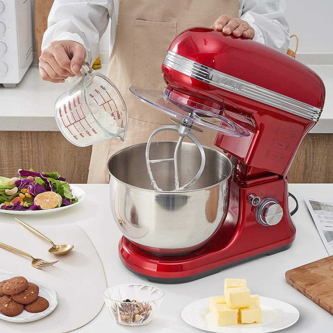 COKLAI 6-Speed Stand Mixer with Stainless Steel Bowl - Tilt-Head Electric Kitchen Mixer for Baking - Includes Wire Whisk, Dough Hook & Flat Beater - Perfect for Cakes, Cookies, Bread & Pastry Dough
