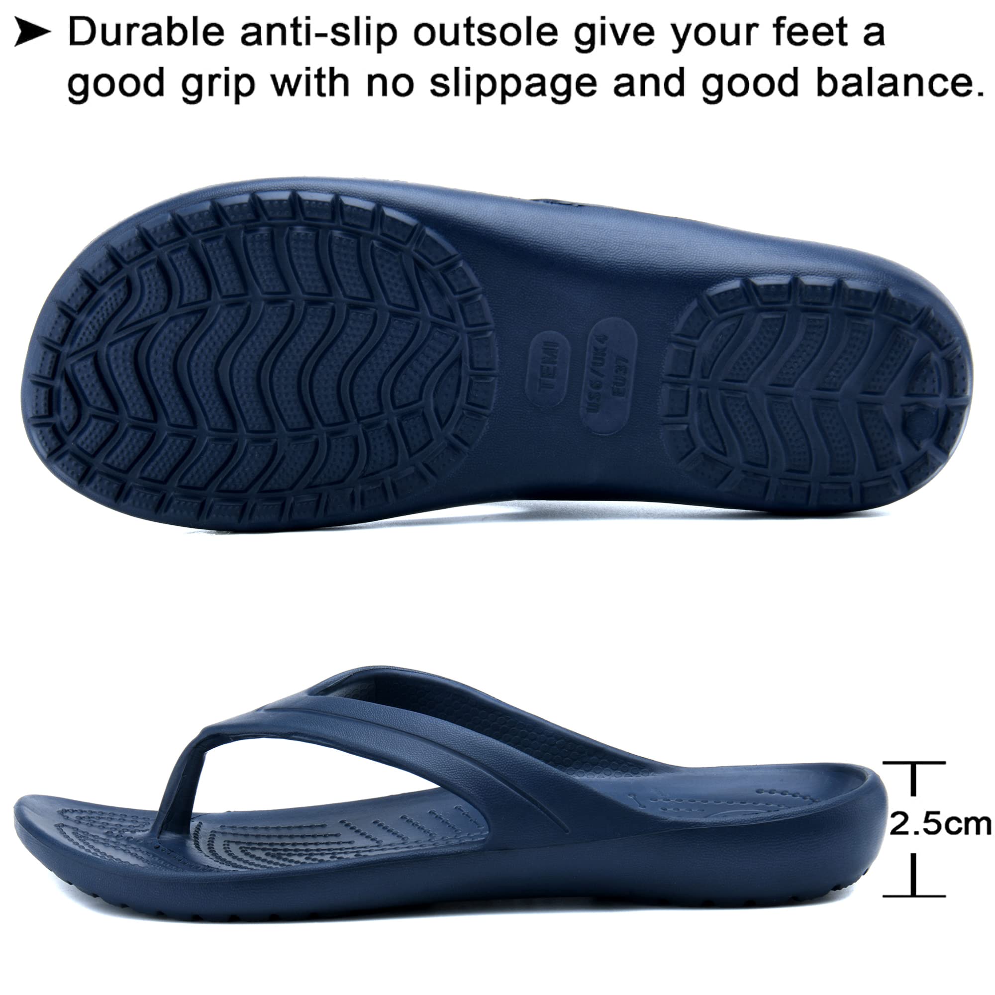 Temi Women's Flip Flops - Soft Lightweight Sandals for Women, Anti-Slip Casual Slippers, Shower Beach Pool Bathroom Slides - Perfect for Summer, Vacation, and Relaxing at Home