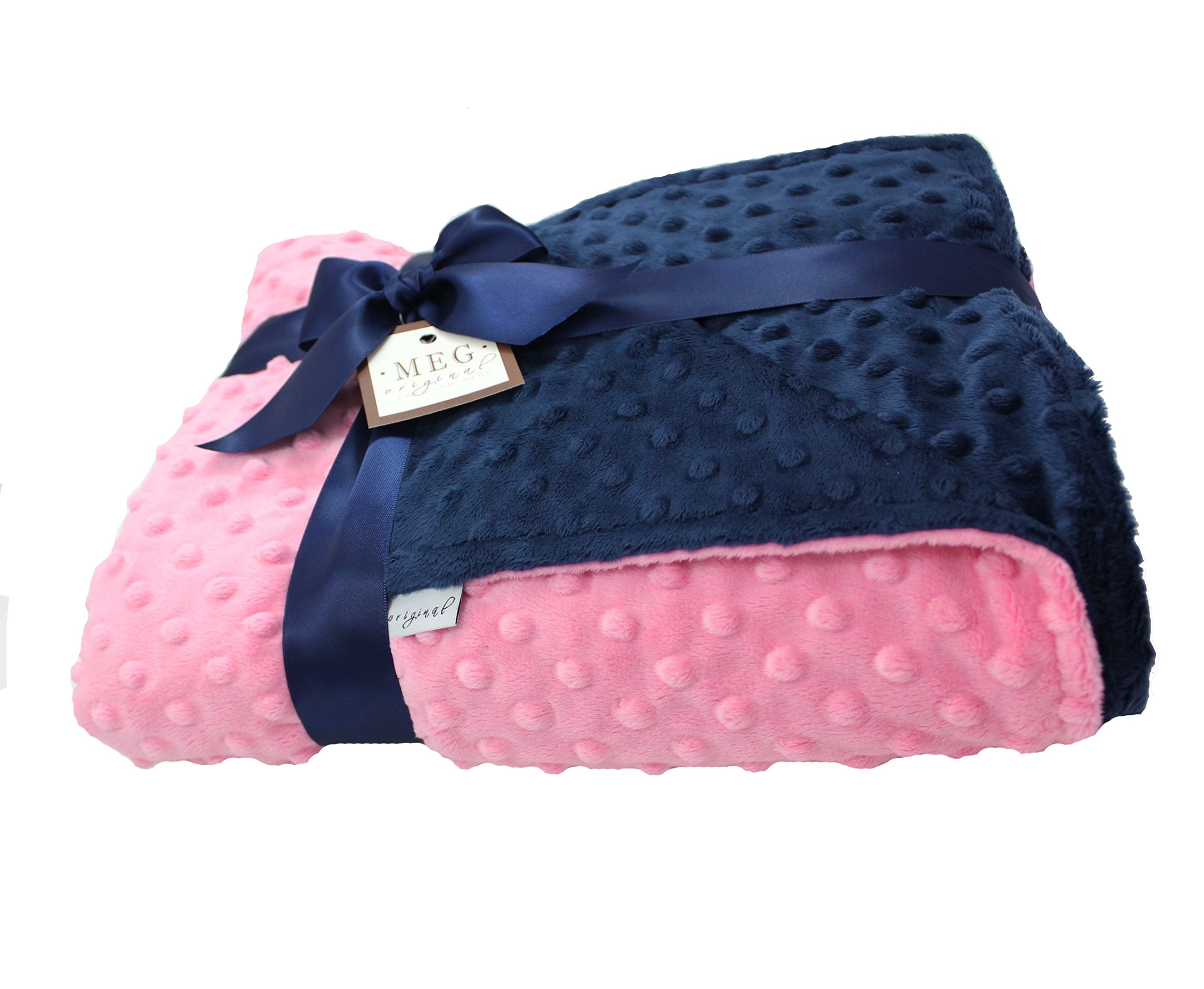 Paris Pink & Navy Blue Minky Dot Baby Blanket - Ultra Soft Crib Blanket for Girls & Toddlers - Perfect for Nursery, Stroller & Gift Giving