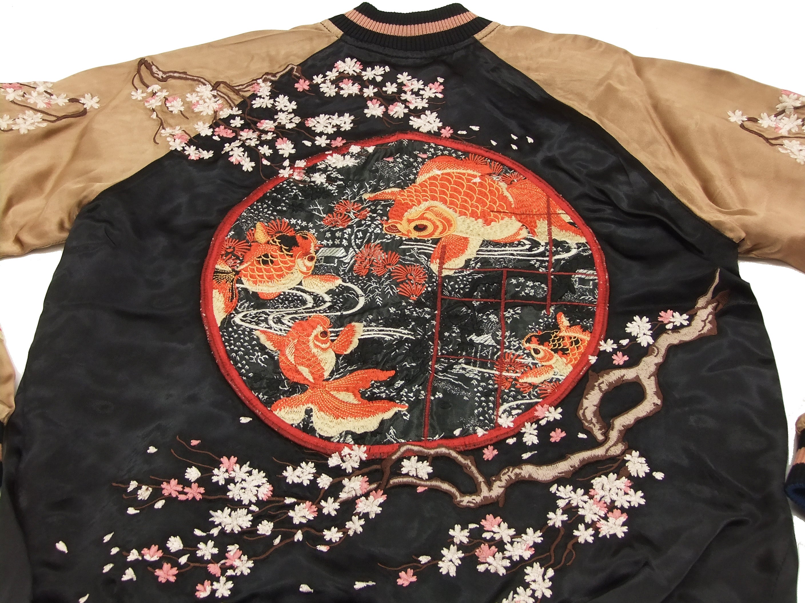 Hanatabi Gakudan Men's Japanese Souvenir Jacket - Vintage Goldfish Sukajan Bomber with Script Design SSJ 501 | Perfect for Streetwear, Cosplay & Japanese Fashion Enthusiasts