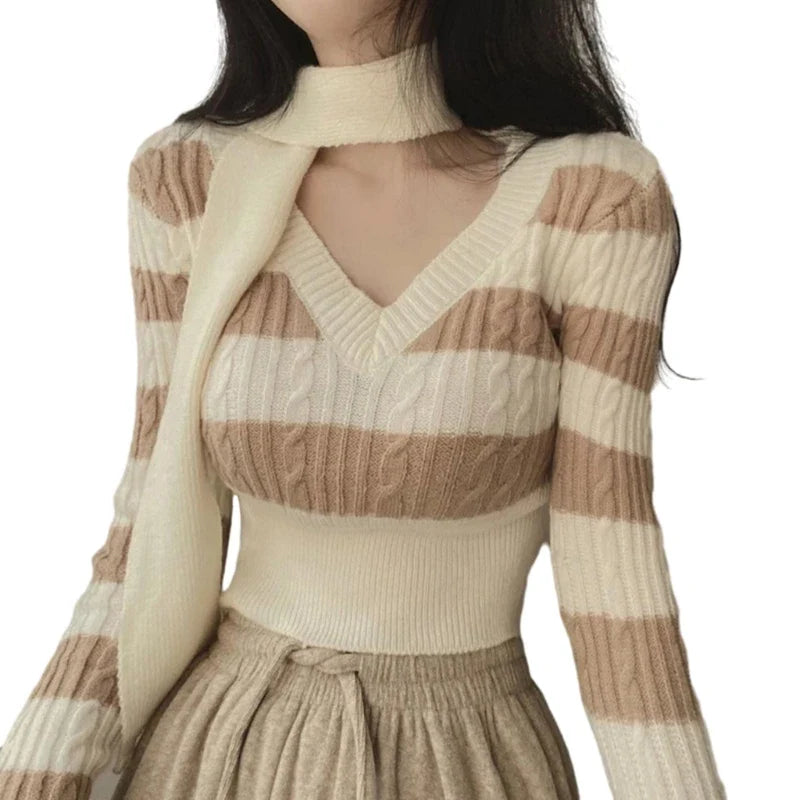 Elegant Scarf Collar & Cable Knit Long Sleeve Striped Skinny Sweater for Women | Winter Fashion Layering, Office Wear & Casual Outfits