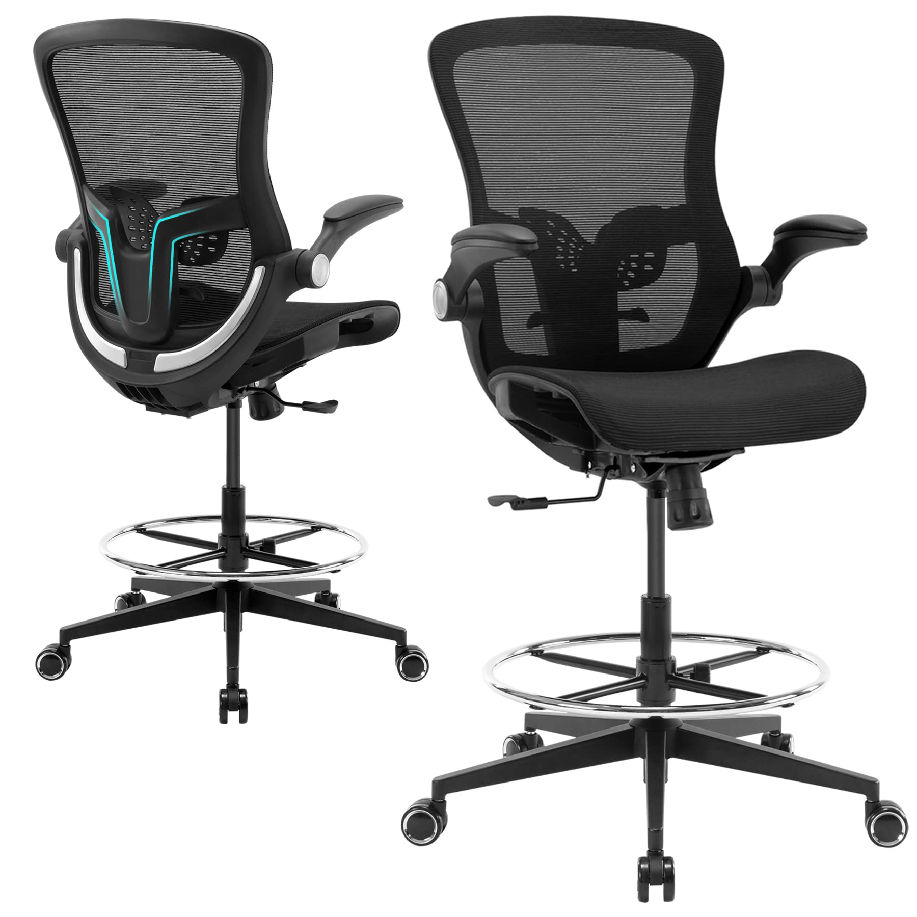 Ergonomic Office Drafting Chair - Adjustable Height Tall Desk Chair with Footrest & Lumbar Support - Executive Computer Chair for Standing Desks - Perfect for Architects, Designers & Home Office (Black)