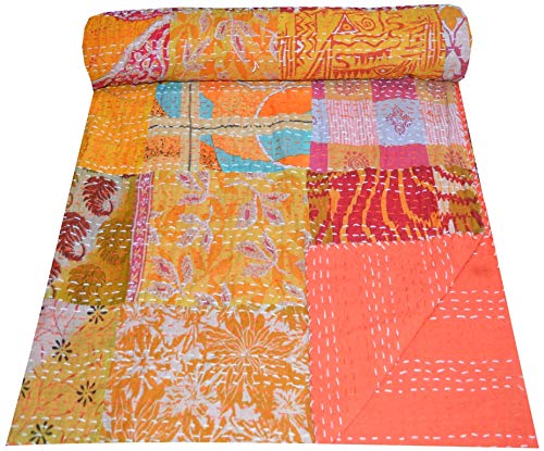 Somukara Handmade Vintage Indian Kantha Quilt - 100% Cotton Twin Size Patchwork Throw Blanket & Bedspread | Perfect for Cozy Bedding, Sofa Decor, and Boho Chic Home Styling