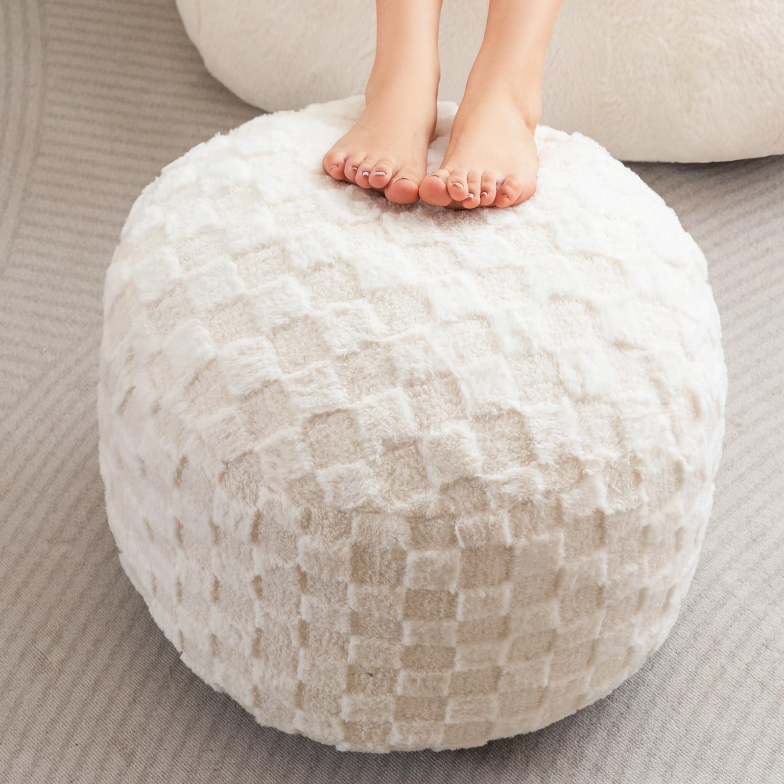 MAXYOYO Round Stuffed Pouf Ottoman with Foam Chunk Filling - 20 x 15 Inch Plaid Footrest Pouf in Beige - Perfect for Living Room, Bedroom, or Nursery Decor