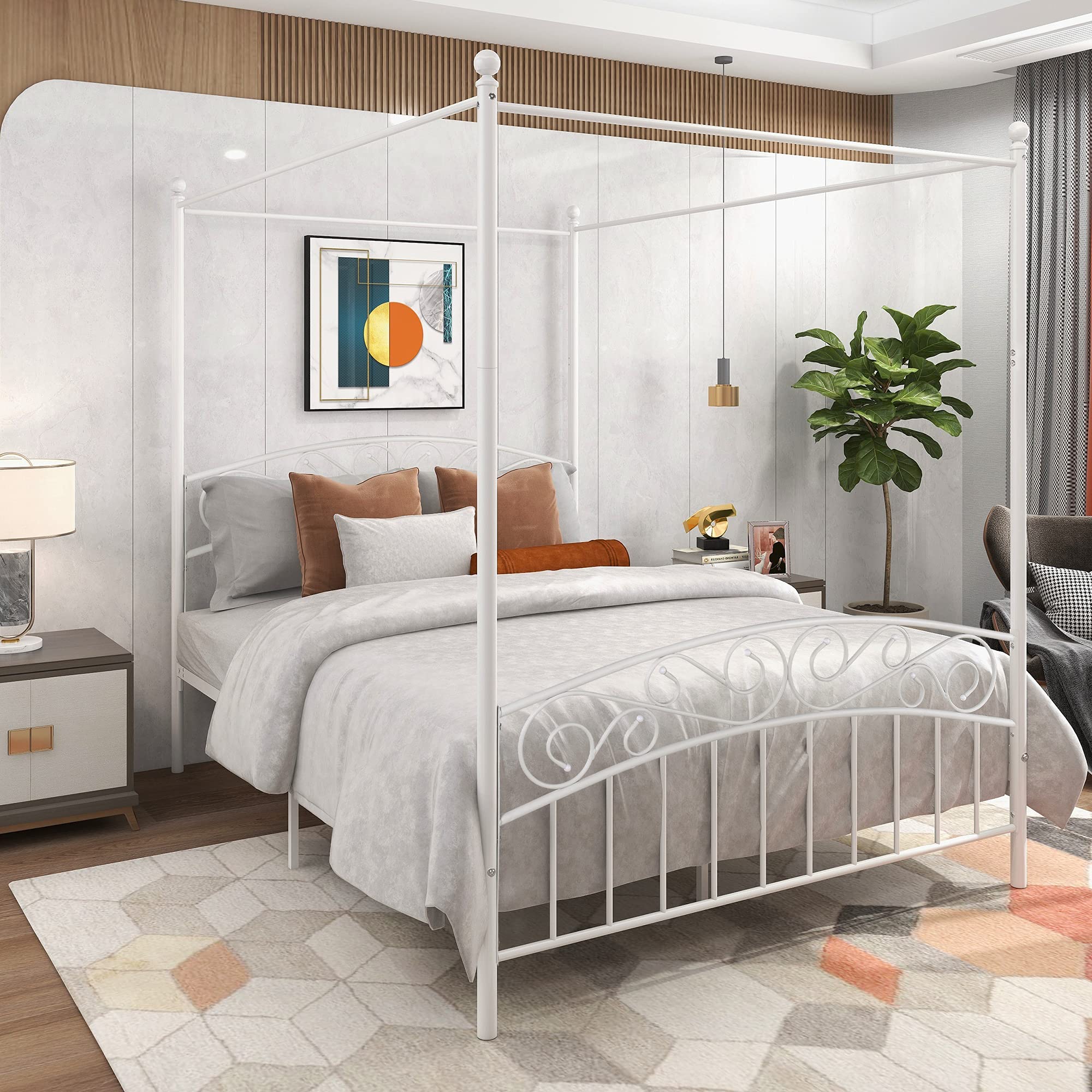 Queen Size Vintage Style 4-Post Metal Canopy Bed Frame with Headboard & Footboard - Easy Assembly, White - Perfect for Master Bedroom, Guest Room & Vintage Home Decor