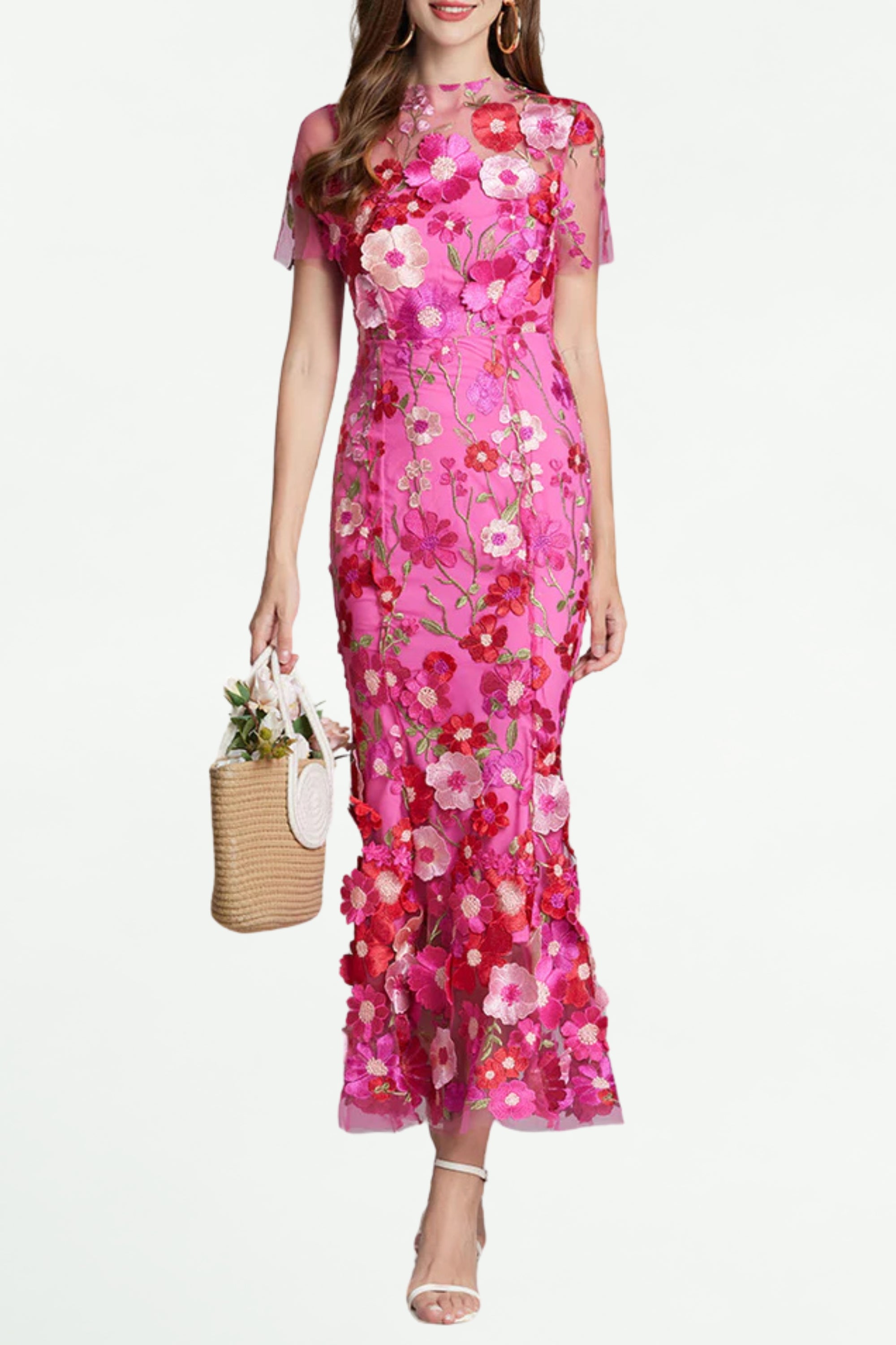 Carol Rose Red Floral Embroidered Mesh Fishtail Midi Dress - Elegant Party & Evening Wear for Women