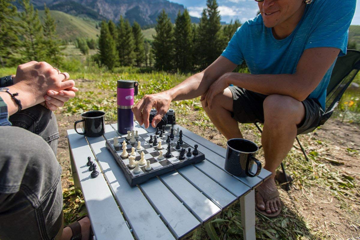 Compact Foldable Magnetic Travel Chess & Checkers Set - Portable Outdoor Backpack Game for Camping, Hiking, Road Trips & Family Fun