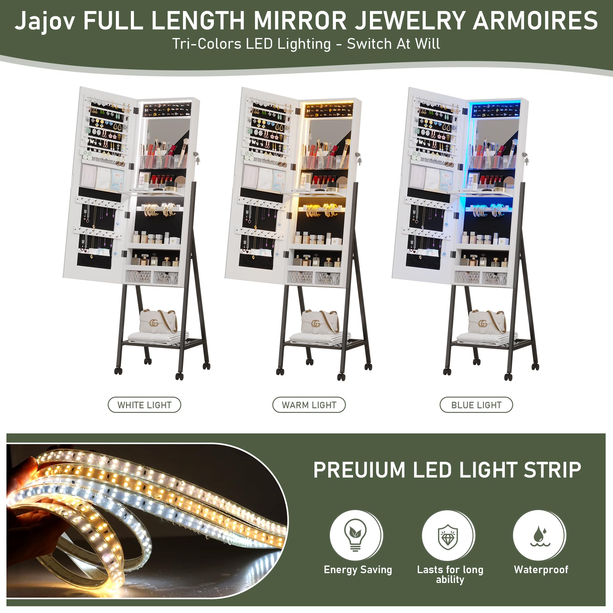 Full-Length LED Standing Mirror with Jewelry Storage - Smart Touch Control, 6 Color Lighting Options, Lockable Cabinet & Removable Wheels for Bedroom, Dressing Room, and Closet Organization