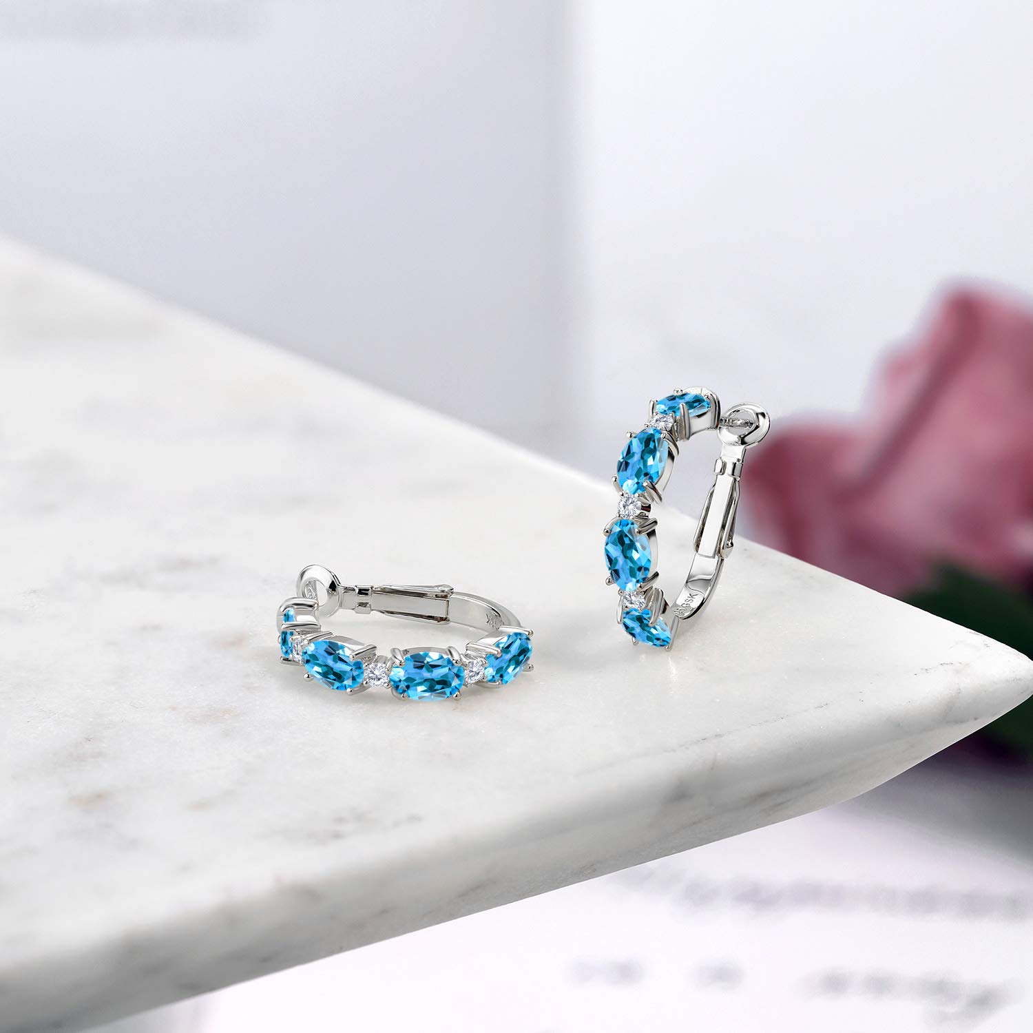 Gem Stone King 925 Sterling Silver Oval Birthstone & Lab-Grown Diamond Hoop Earrings for Women | 6x4mm Oval & 2mm Round | 20mm | Perfect for Gifts, Anniversaries & Everyday Wear