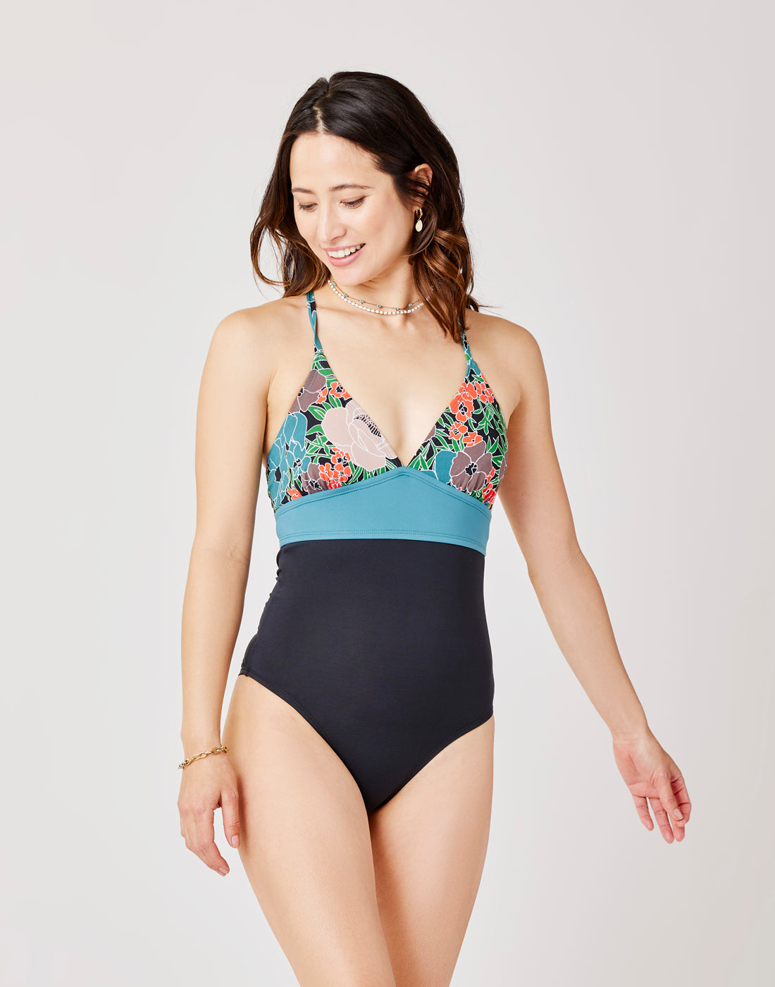 Dahlia One Piece Swimsuit - Floral Print with Black Trim | Women's Bathing Suit for Beach & Pool | Final Sale