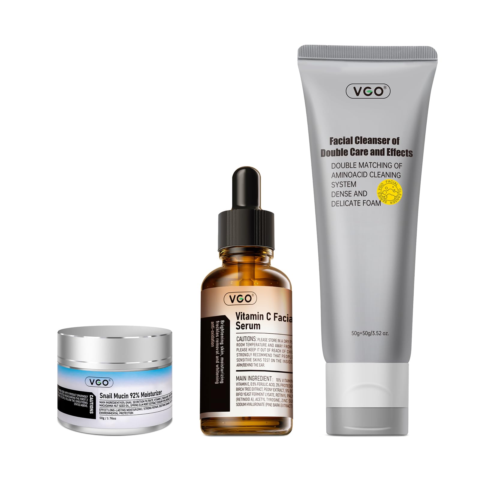 VGO 3-Step Facial Skin Care Set with Snail Mucin 92% Moisturizer (1.76 Oz), Vitamin C Serum (1.01 Oz) & Dual-Tube Cleanser (3.52 Oz) - Hydrating Anti-Aging Skincare Kit for Dry, Sensitive Skin - Perfect for Daily Routine & Travel Skincare Essentials