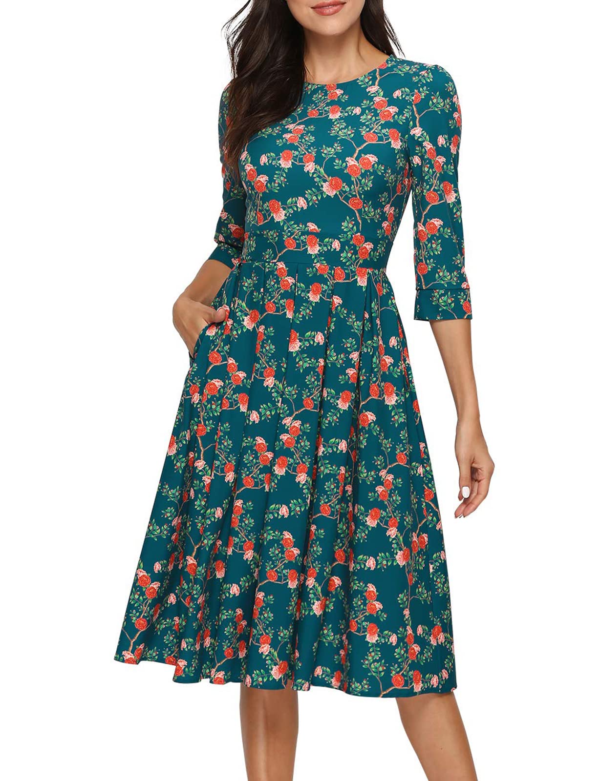 Elegant Floral Vintage Midi Dress for Women - 3/4 Sleeve Evening Gown | Perfect for Cocktail Parties, Weddings & Special Occasions
